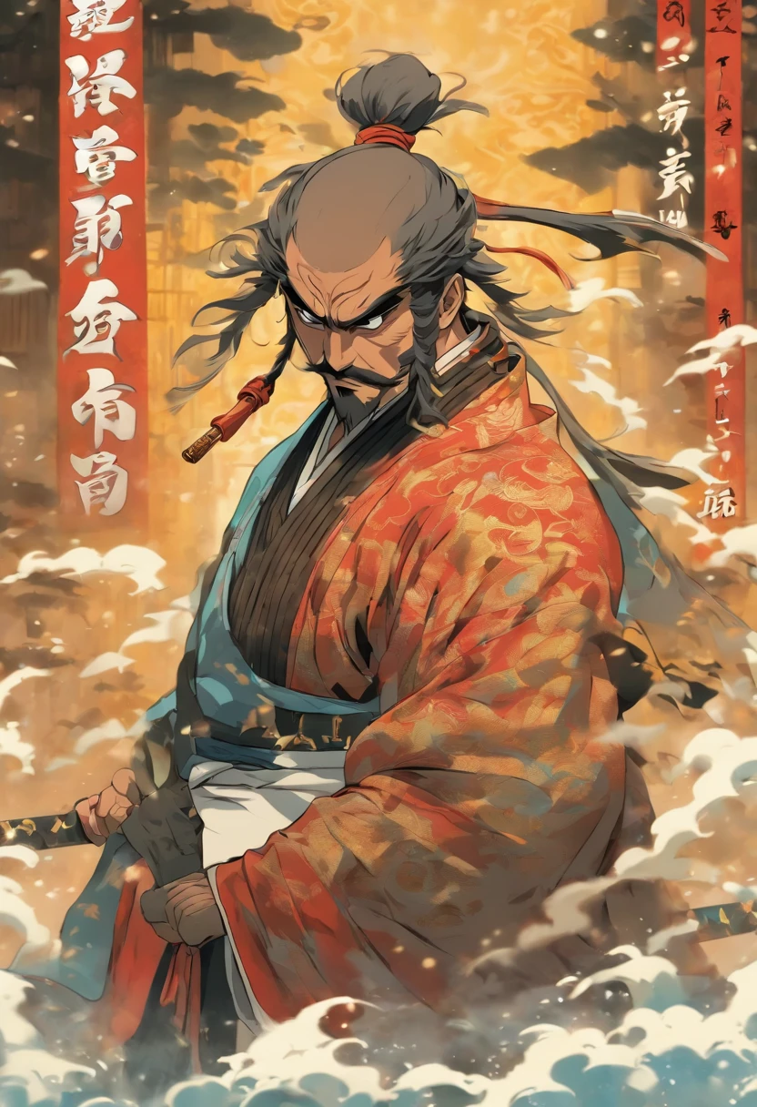 retrato de corpo inteiro, 1,68, careca , bigode fino estilo mestre de Kung Fu, olhos pretos, kimono azul e branco, manto negro por cima com touca, do lado direito uma katana negra com detalhes em dourado, Japanese longbow on the back, The staff with seals to help you walk, Cold iron katar style gloves on hands