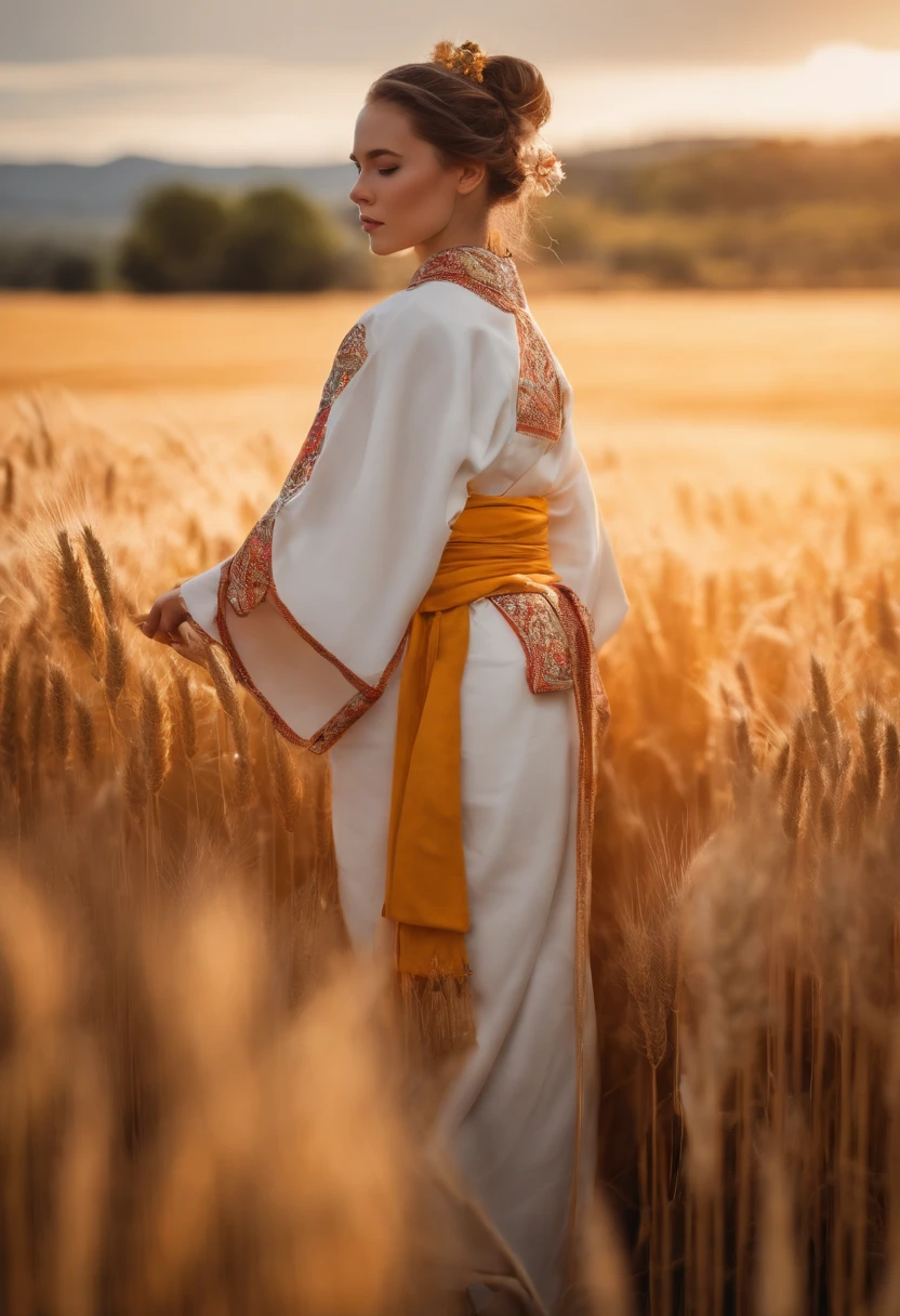 A girl in a kimono with a blank look stands up to her waist in a wheat field, Un kimono negro con bordes dorados, Your hair is tied in a ponytail, ojos amarillos, La puesta de sol se refleja en sus ojos, La luz cae sobre su rostro, Half side to camera