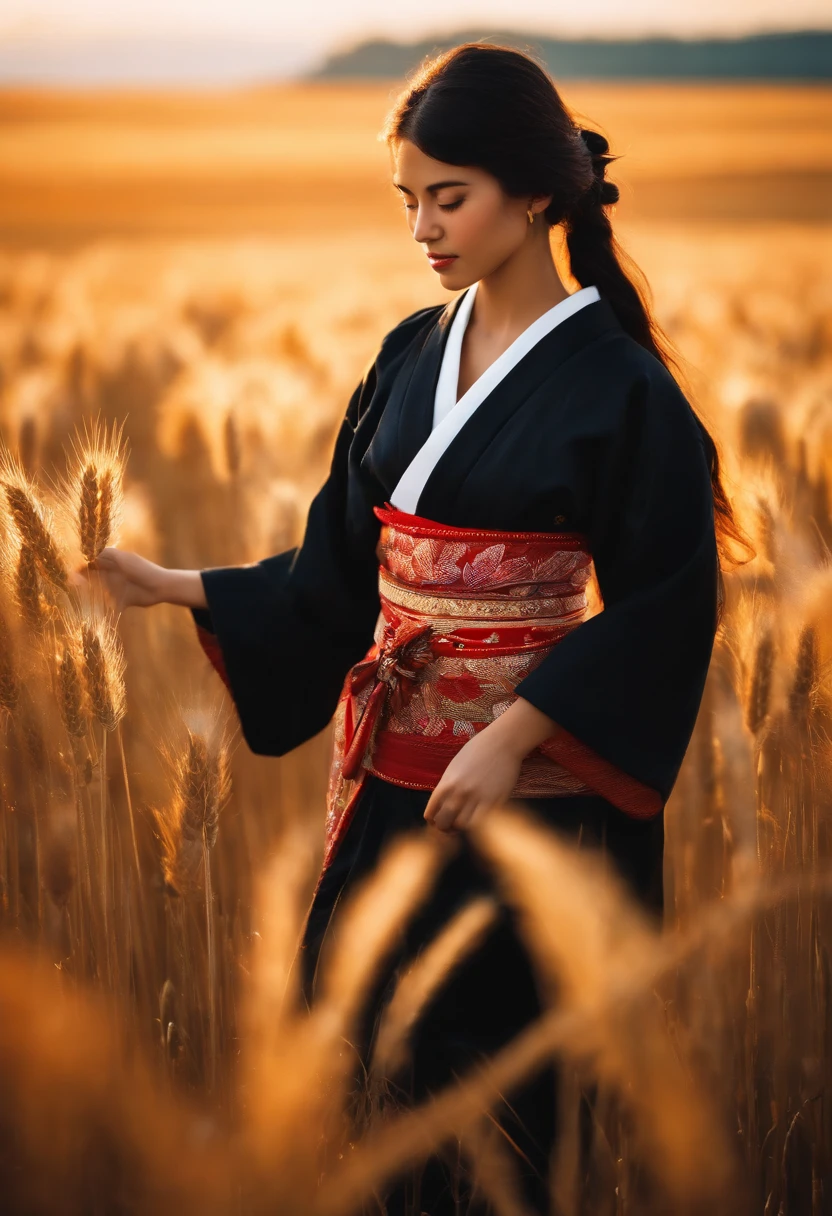 A girl in a kimono with a blank look stands up to her waist in a wheat field, Un kimono negro con bordes dorados, Your hair is tied in a ponytail, ojos amarillos, La puesta de sol se refleja en sus ojos, La luz cae sobre su rostro, Half side to camera