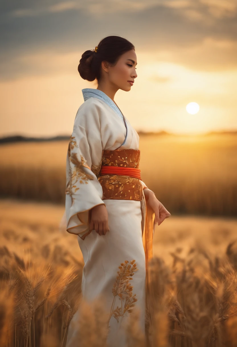 A girl in a kimono with a blank look stands up to her waist in a wheat field, Un kimono negro con bordes dorados, Your hair is tied in a ponytail, ojos amarillos, La puesta de sol se refleja en sus ojos, La luz cae sobre su rostro, Half side to camera