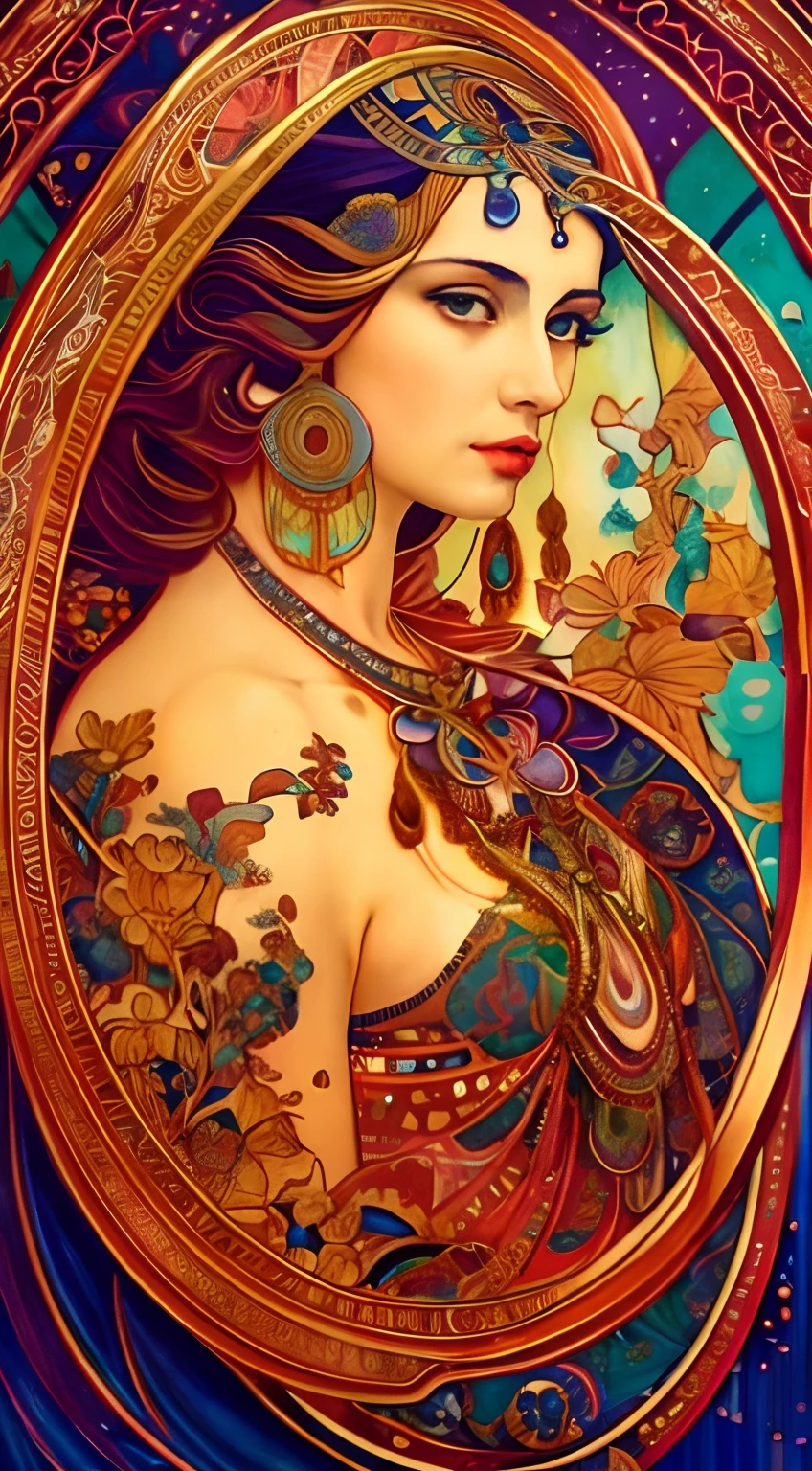 a painting of a woman with a large tattoo on her chest, mucha style 4k, hyperrealistic art nouveau, art nouveau portrait, beauty art nouveau woman, colorful art nouveau, inspired by mucha, nouveau painting, portrait of a beautiful goddess, full of colors and rich detail, mucha. art nouveau. gloomhaven, detailed art in color, nouveau painting masterpiece