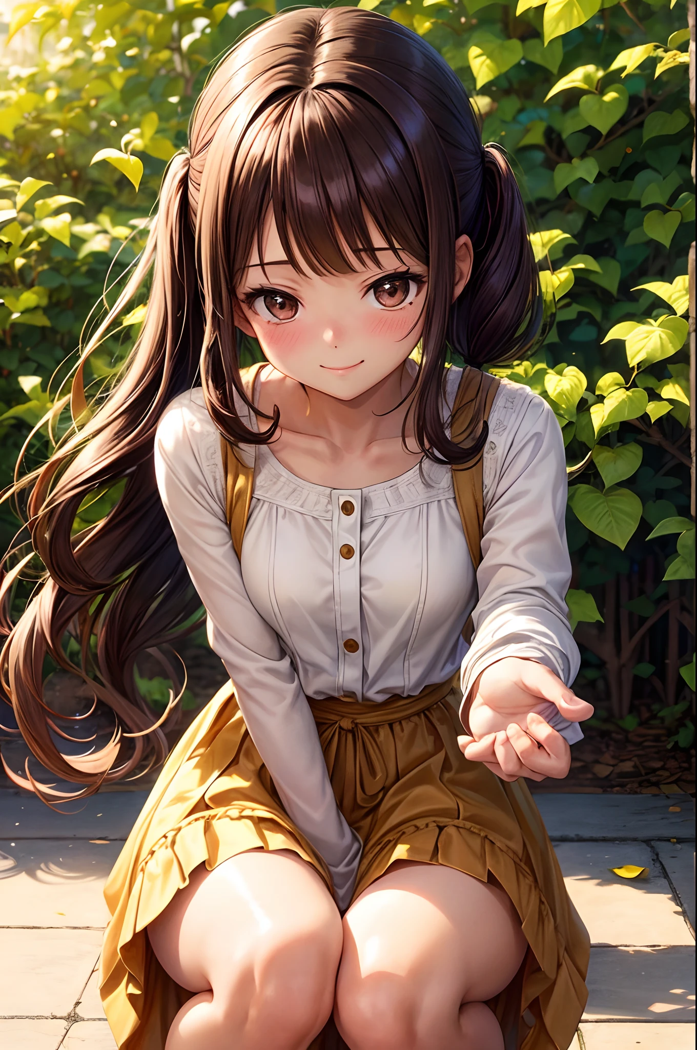 Best Quality、Light brown skin、One Piece Appearance、Autumn clothes、Drawn up to the knee、、side poneyTail、age woman、Very cute、A smile、Brown hair、Schools、I want to blush、Peeking into、Colored leaves、Wink、twinkling、Kamimei、