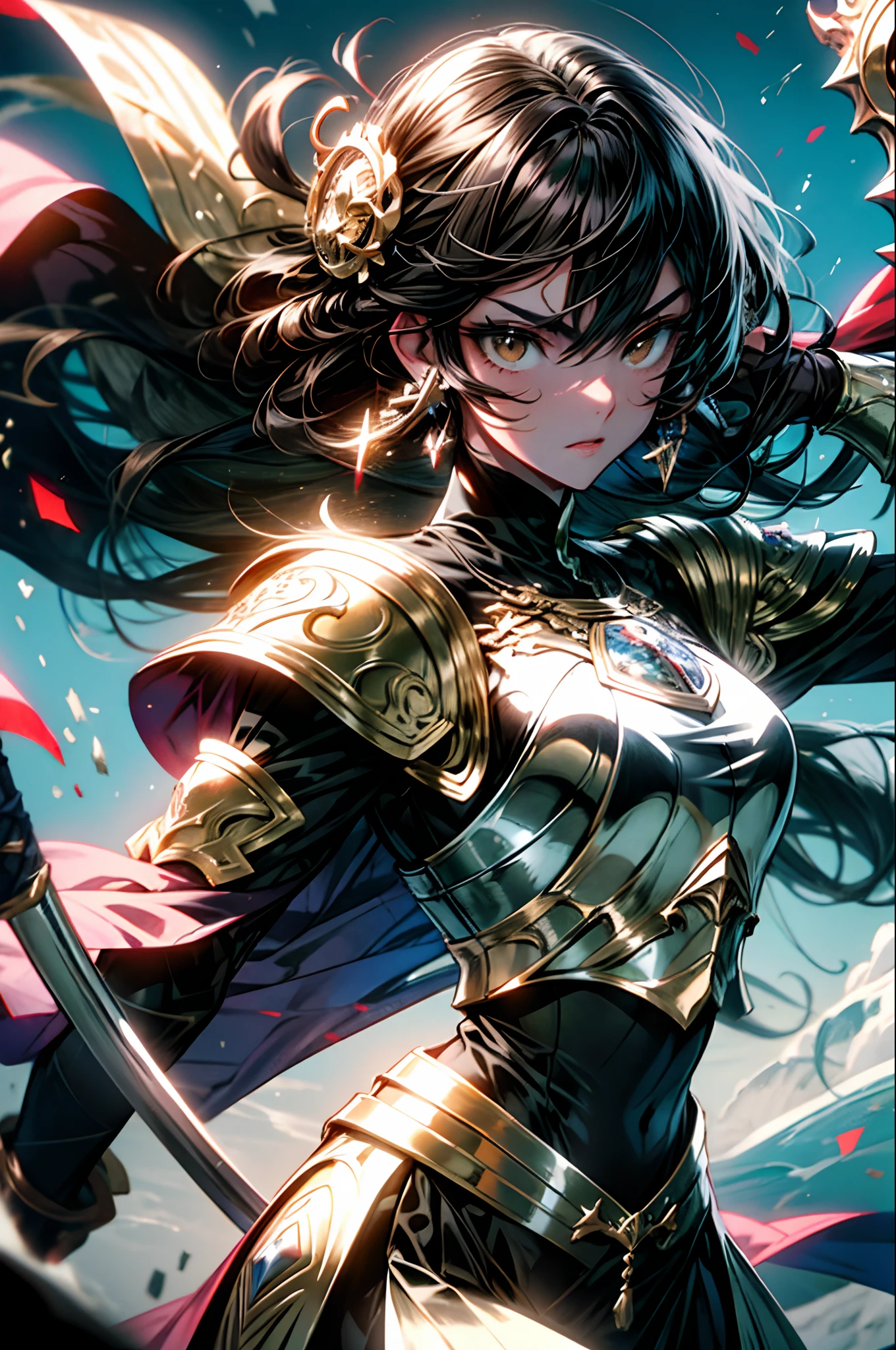 A knight in iron armor holding a medieval long sword, big black hair, shiny armor, determined face, windblown hair, brown eyes, battle crest on her armor, 1girl, sword over her shoulder, an iron dragon in the background, beautiful face, master piece, detailed background, detailed body, detailed armor, 4K, Full HD, detailed skin, standing looking at the horizon.