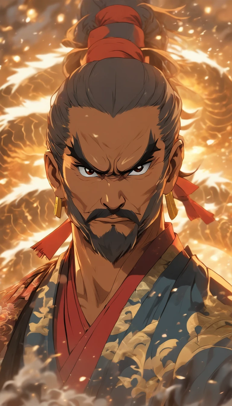 "A close-up image of the legendary samurai, Sanada Yukimura, with a stern yet thoughtful expression. He has a thin mustache and slightly narrowed eyes, wearing a red headband and a richly detailed samurai armor. The lighting is soft, highlighting the age lines and battle scars etched into his face."