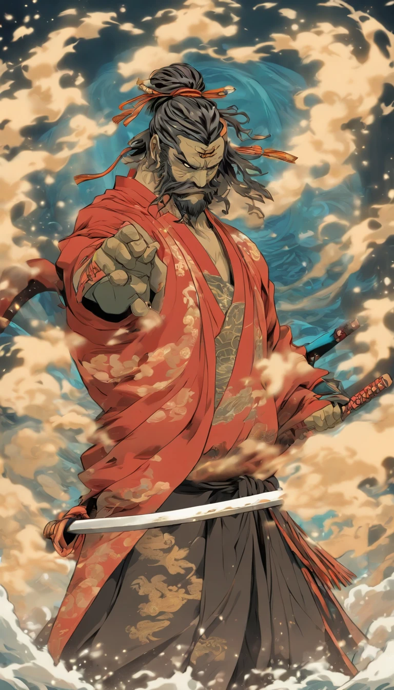 retrato de corpo inteiro, 1,68, careca , bigode fino estilo mestre de Kung Fu, olhos pretos, kimono azul e branco, manto negro por cima com touca, do lado direito uma katana negra com detalhes em dourado, Japanese longbow on the back, The staff with seals to help you walk, Cold iron katar style gloves on hands