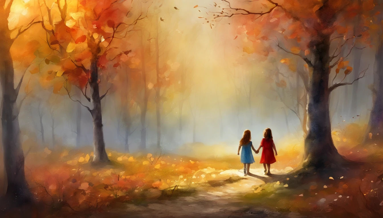 (best quality,4k,8k,Alto,master part:1.2) magical scene: A boy and girl holding hands in illuminated woods, ancient trees around, petals on the ground, exprimindo amor atemporal e aventura.