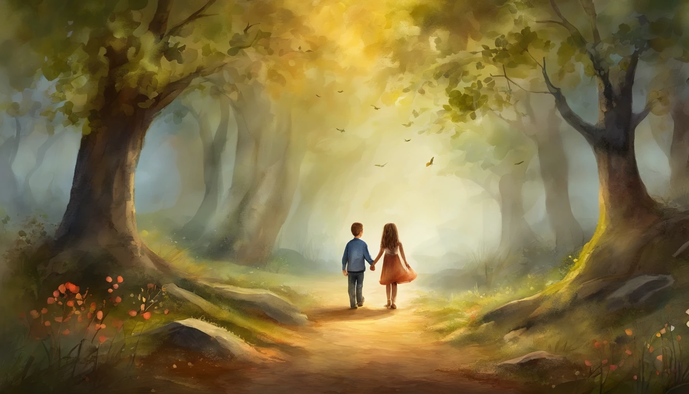 (best quality,4k,8k,Alto,master part:1.2) magical scene: A boy and girl holding hands in illuminated woods, ancient trees around, petals on the ground, exprimindo amor atemporal e aventura.