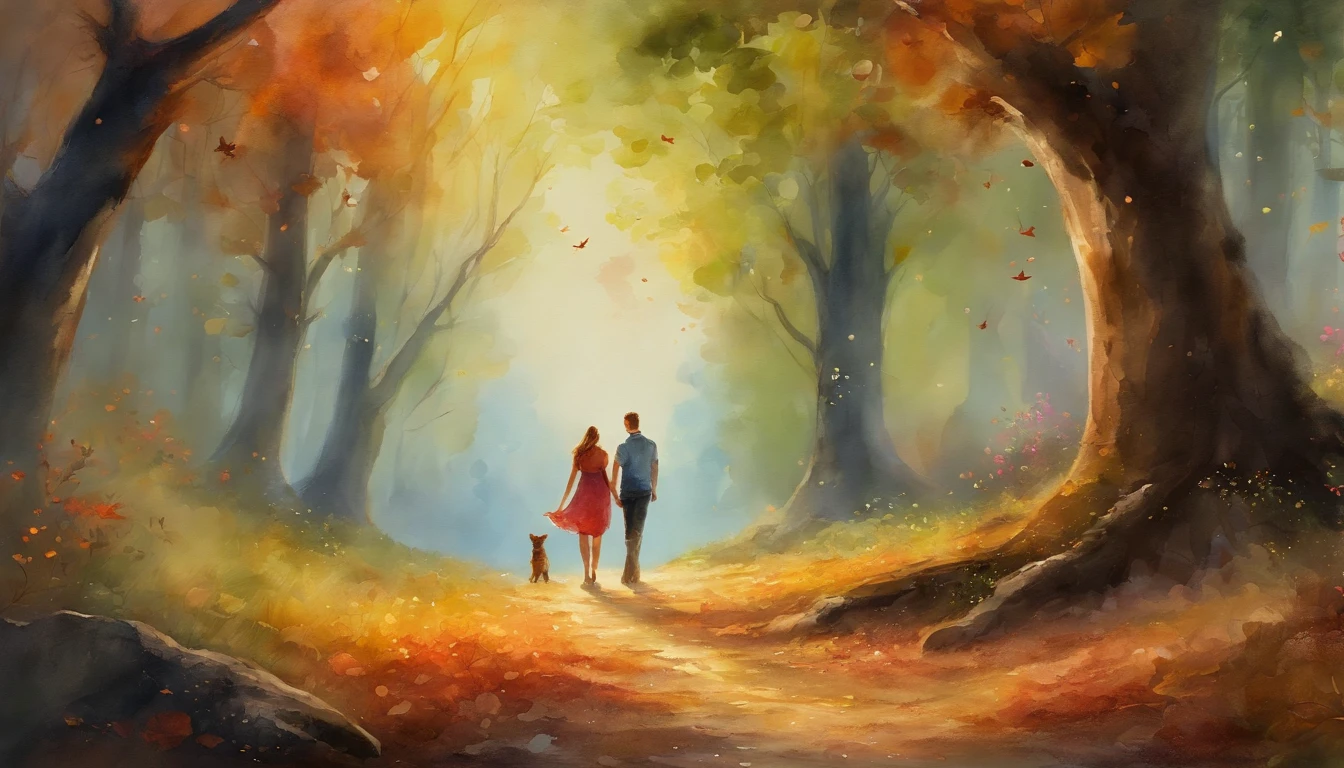 (best quality,4k,8k,Alto,master part:1.2) magical scene: A boy and girl holding hands in illuminated woods, ancient trees around, petals on the ground, exprimindo amor atemporal e aventura.