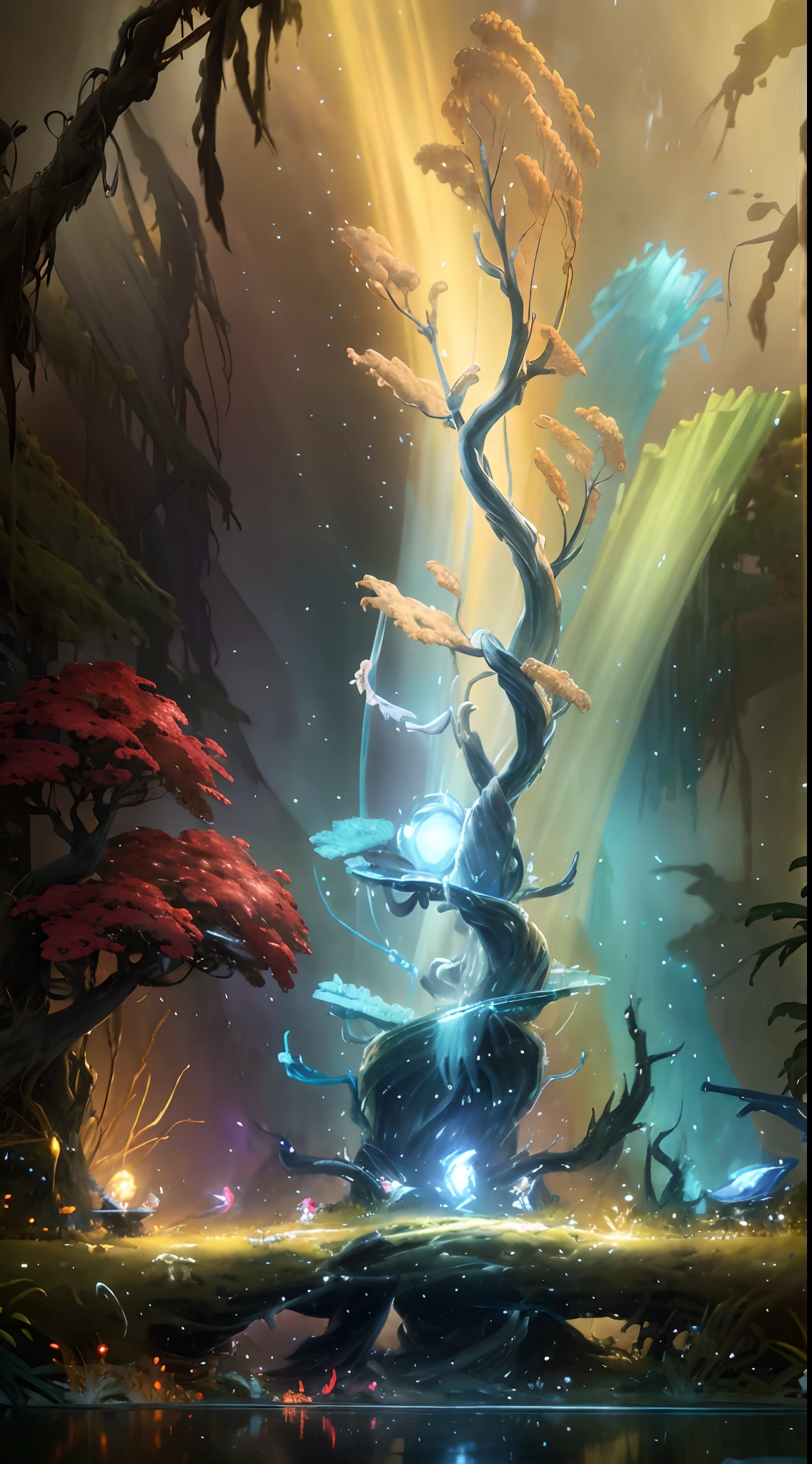 by Pino Daeni, by Ruan Jia, by Alayna Lemmer, by Carlo Galli Bibiena, spiritual tree, twilight ray, golden light, (Ori and the Blind Forest), (Ori and the Will of the Wisps), 2D game, digital art, realistic proportions, sharp focus, (HDR), (8k), (gigapixel), ((masterpiece))