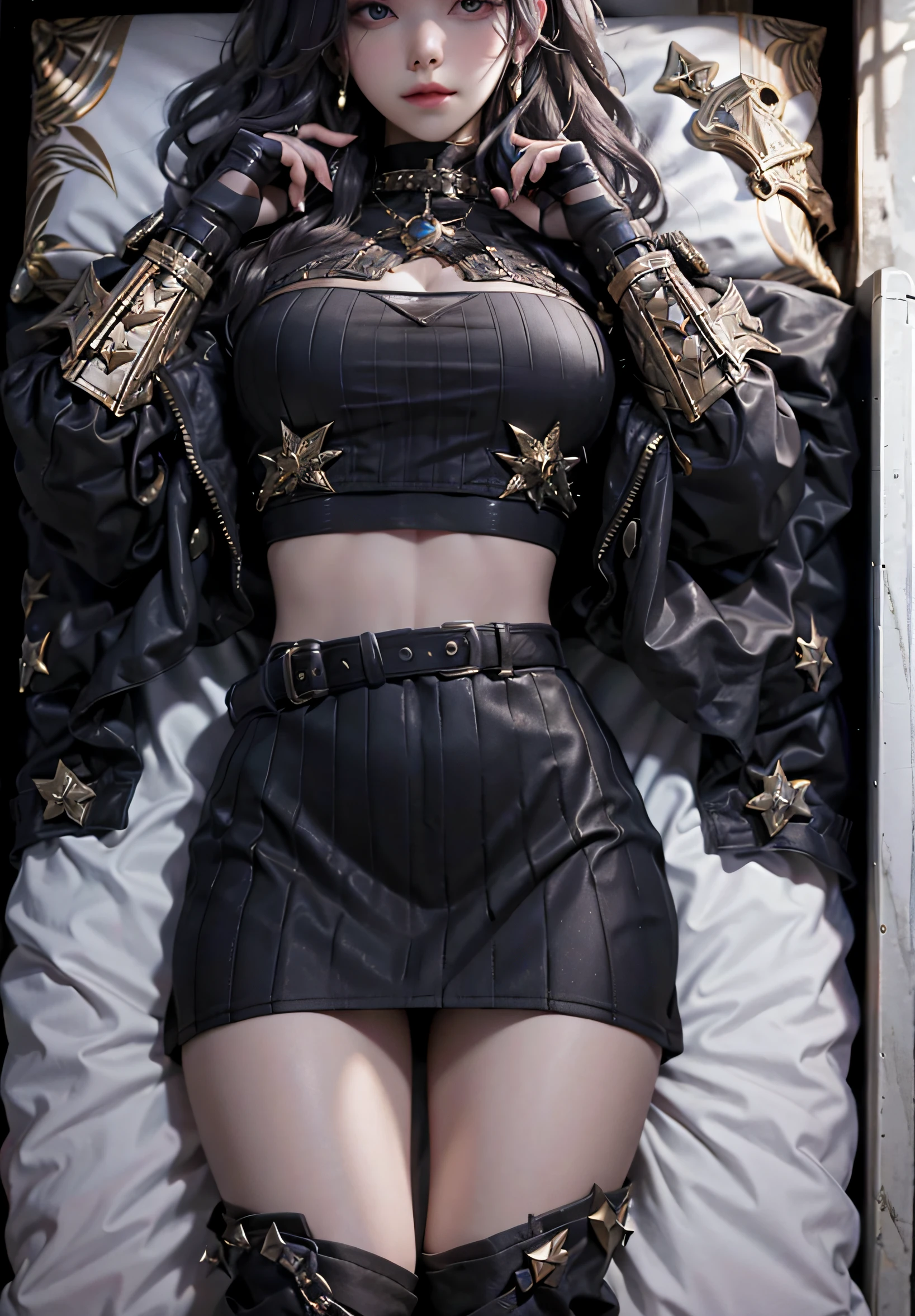 Military trench coat,Metal ornaments,Hands over shoulders,Lie down in bed,Bend your hands