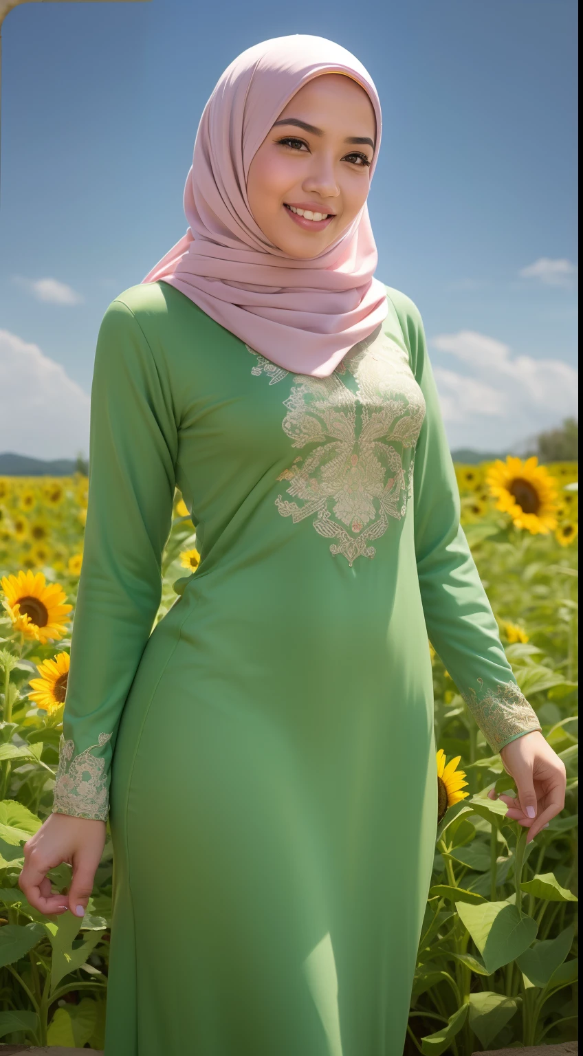 Malay girl in long hijab wear baju kurung, pastel color, walking in sunflower field, windy, blown her hijab, front view, detail skin, detail skin texture, mole below eyes, small breast, wide hips, small waist, thick thigh, slim abs, beautiful body, sunrise, laughing, happy, bright lighting, blur background, bokeh,