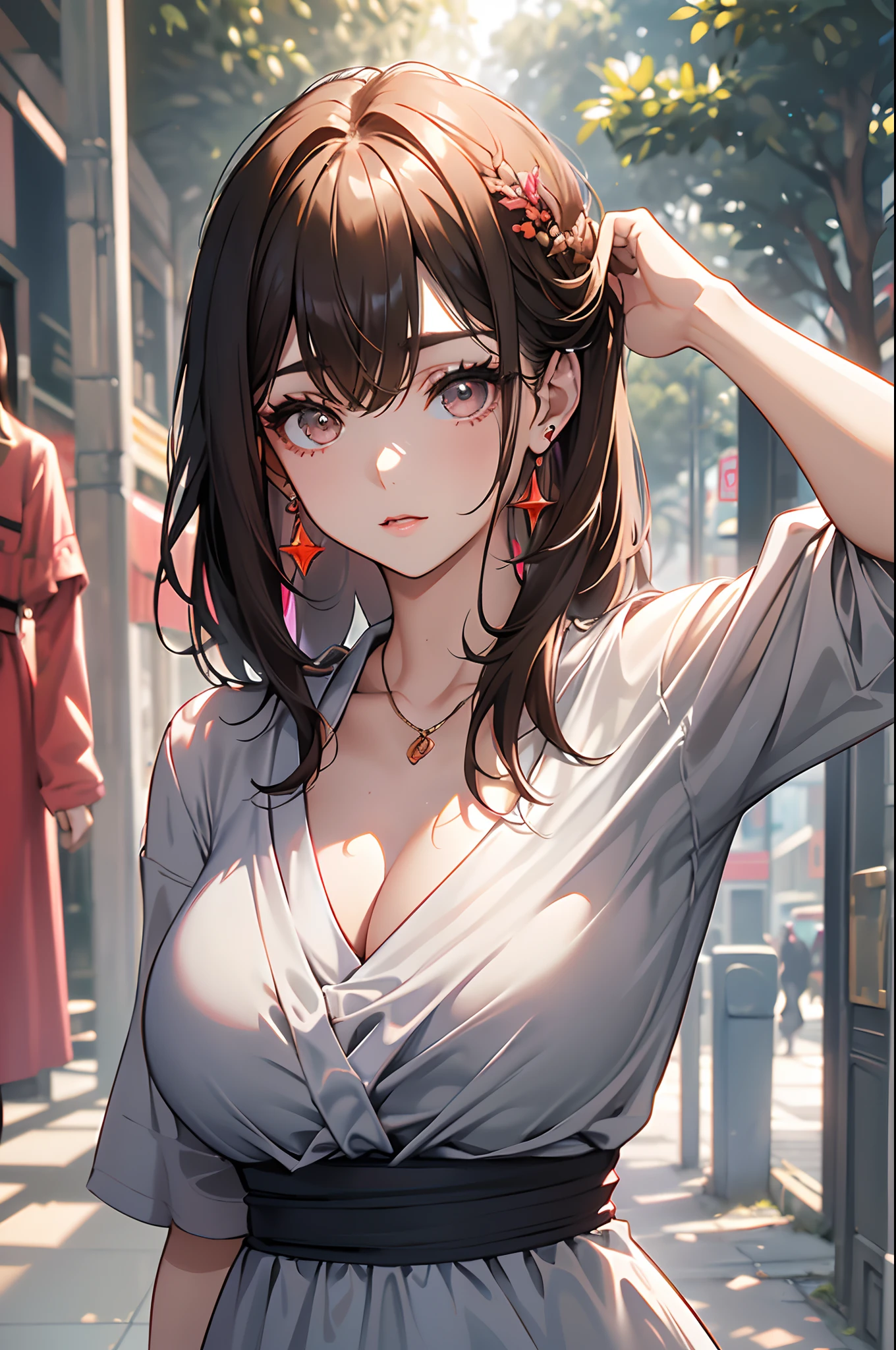 RAW, 1girl, solo, colorful, (masterpiece, best quality:1.3), (absurdres:1.3),   walking, holding Luxury handbag,  
(detailed skin:1.3, detailed face:1.3), from above,  looking at viewer, 
sharp focus, delicate, (korean beauty, korean mixed:1.3), (mature female:1.2), 
(huge breasts:1.4, thick thighs:1.2, narrow :1.1),  light smile, 
(big_eyes:1.2, brown_eyes), red_eyeshadow, pink lips, 
(straight hair), looking at viewer, (thin gray v-neck long midi dress:1.2),
park, english text, day, (sunlight on face:1.5), open_blazer,