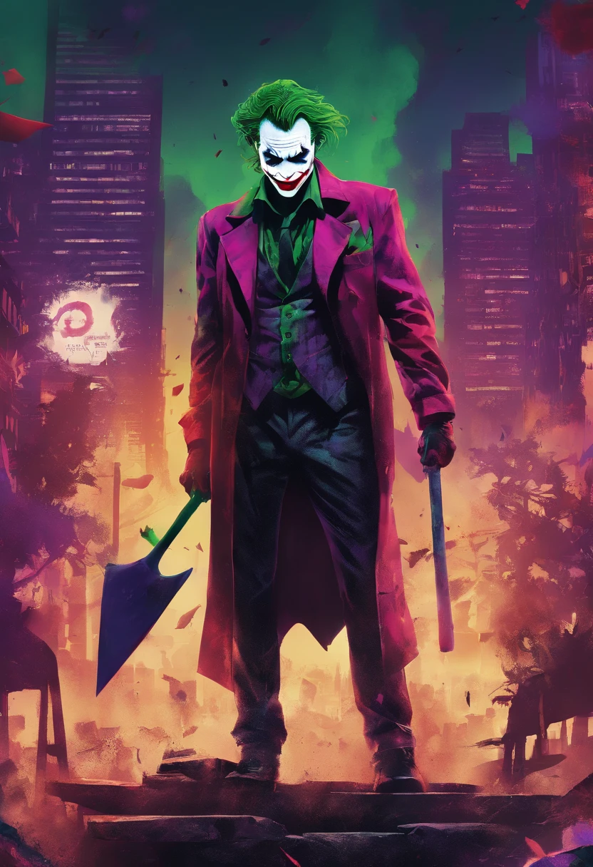 (best quality,realistic:1.37),movie poster of Joker and Harley Quinn,painted on a canvas,crisp details,professional,saturated colors,dynamic lighting,Joker's sinister smile,Alerquina's mischievous expression,Joker's green hair,Harley Quinn's colorful hair and costume,Joker's purple suit,Alerquina's red and black outfit,Joker holding a playing card,Alerquina holding a baseball bat,grim and intense atmosphere,gritty style,city skyline in the background,mysterious shadows,chaotic composition,eerie vibes,contrast between light and dark,madness and love,complementary colors.