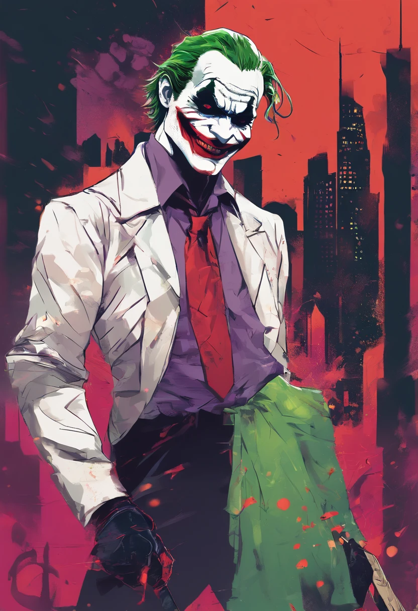 (best quality,realistic:1.37),movie poster of Joker and Harley Quinn,painted on a canvas,crisp details,professional,saturated colors,dynamic lighting,Joker's sinister smile,Alerquina's mischievous expression,Joker's green hair,Harley Quinn's colorful hair and costume,Joker's purple suit,Alerquina's red and black outfit,Joker holding a playing card,Alerquina holding a baseball bat,grim and intense atmosphere,gritty style,city skyline in the background,mysterious shadows,chaotic composition,eerie vibes,contrast between light and dark,madness and love,complementary colors.