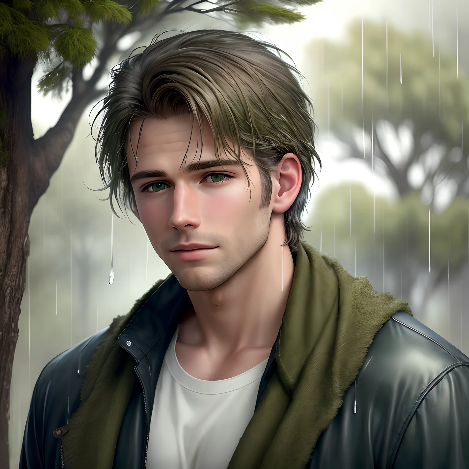 you're in the wind (realistic American man, young man, handsome, poor, sad, windy. Nature, green moss on trees, wind, trees, blue hue, rain drops