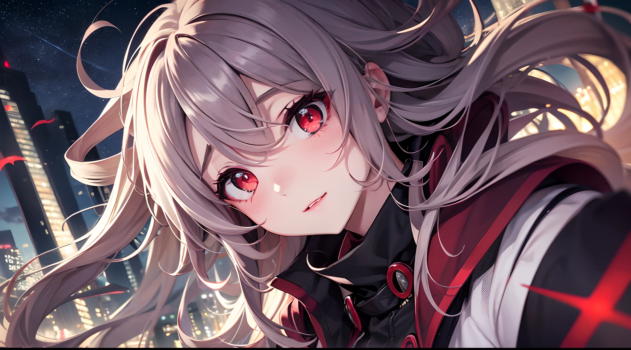 (masterpiece), red pupils, extremely cute girl vampire, cute, late at night, windswept and cloudy, high perspective overlook, in the night, light floating above the sky.