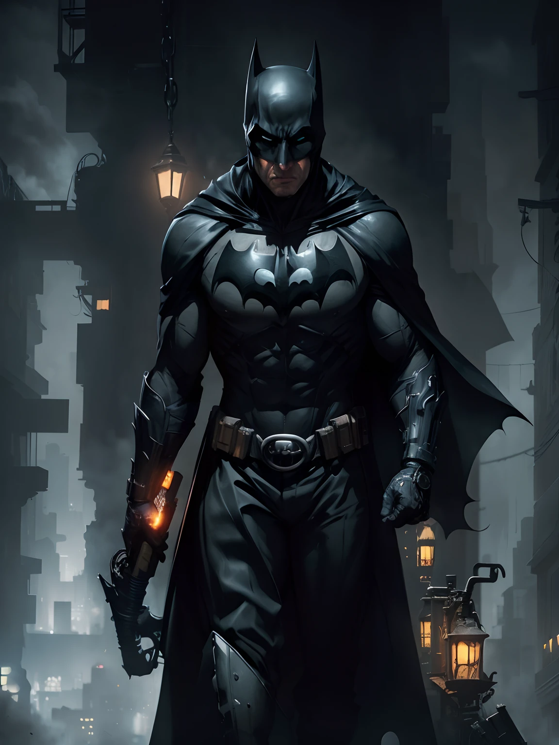 “Explore the dark and gritty streets of Gotham City as Batman, the caped crusader, in a stunning noir-style rendering that captures the brooding atmosphere of the city.”to futuristic.”