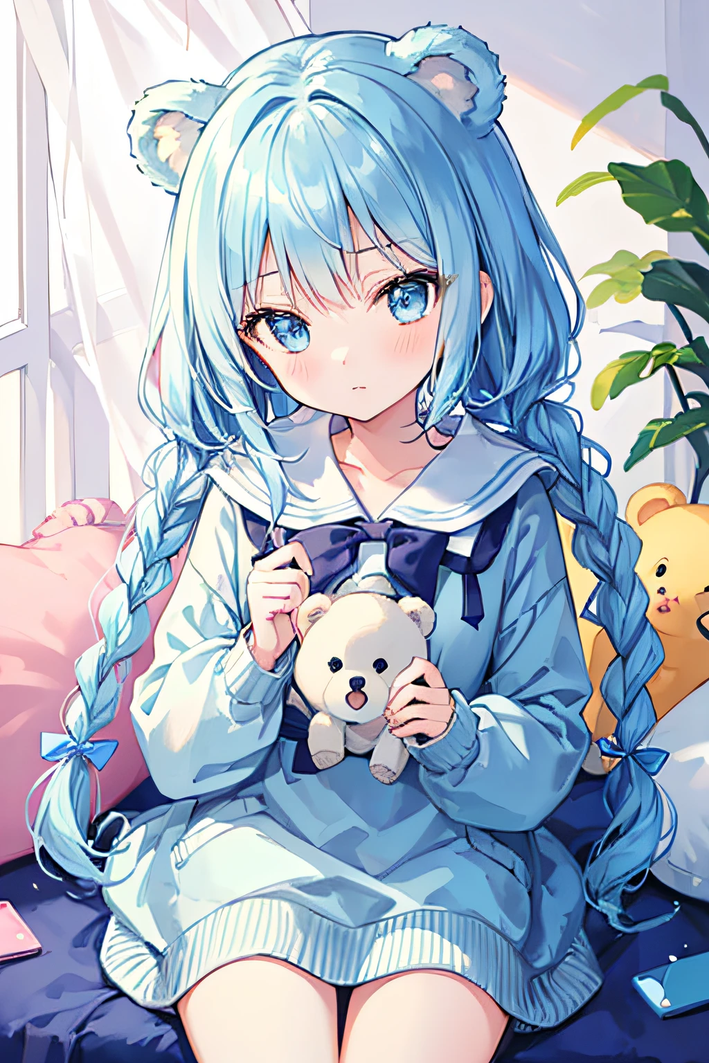 Light blue hair、Light blue and white eyes、It has bear ears、braided、Light blue sweater clothes（校服）、cute 、girl with