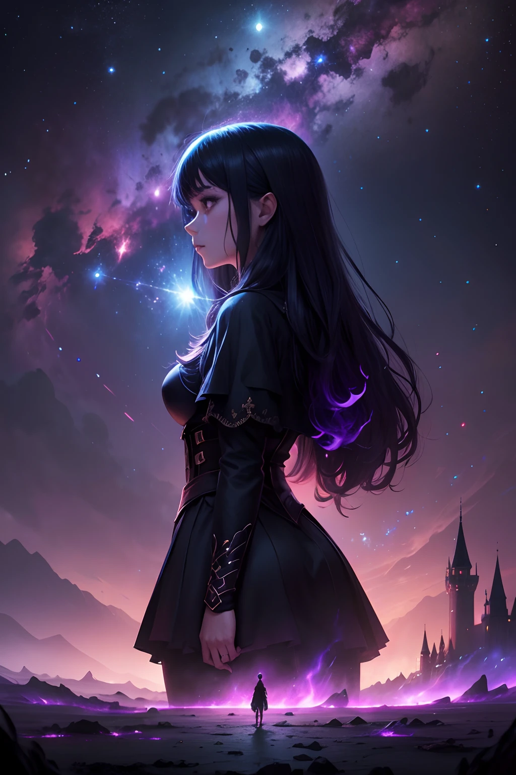 "Create an anime set in a dark realm where darkness is dominant, with Gothic castles and a mysterious atmosphere. No entanto, This realm is connected to a dazzling galaxy, where exotic planets sparkle with intense colors and shimmering nebulae adorn the starry sky. The main characters are drawn into a journey that will take them from the dark realm to the colorful galaxy, where they will discover cosmic secrets and face magical challenges. Describe the duality between the darkness of the realm and the luminosity of the galaxy and how this shapes the narrative and character development."