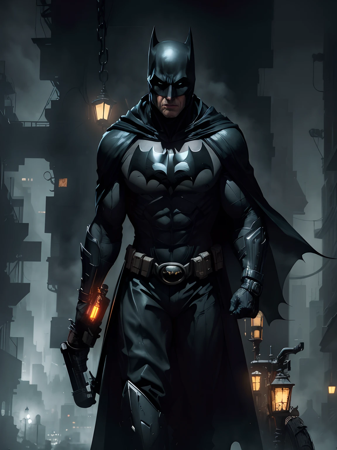 “Explore the dark and gritty streets of Gotham City as Batman, the caped crusader, in a stunning noir-style rendering that captures the brooding atmosphere of the city.”to futuristic.”