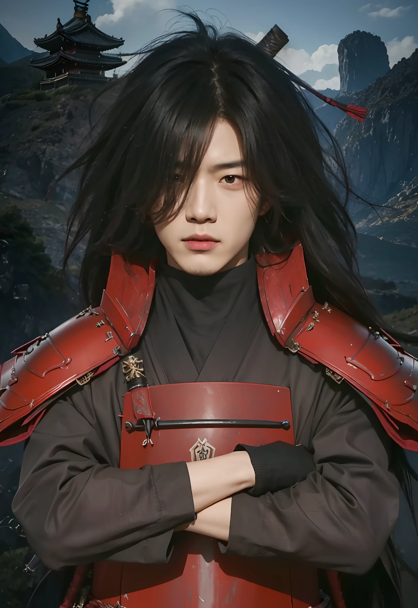Real life adaption of this character,Korean Handsome man,cool expression, (realistic long messy hair), ((realistic same outfit wear red iron armor like samurai)), realistic background mountain, hyper realistic, realistic light, realistic shadow, realism, (photorealistic:1.2)