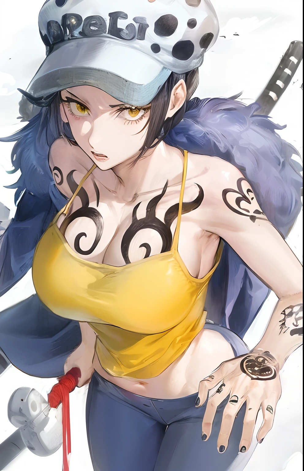 Anime girl with a tattoo on her chest and a hat on her head, personagem de anime; arte de corpo inteiro, anime mulher fullbody arte, Nico Robin, Otaku Gangasta, com tinta e cor, high quality colored sketch, hinata hyuga, full color manga visual style, 2 d estilo anime, colorido, from one piece, mulher anime, menina monstro anime