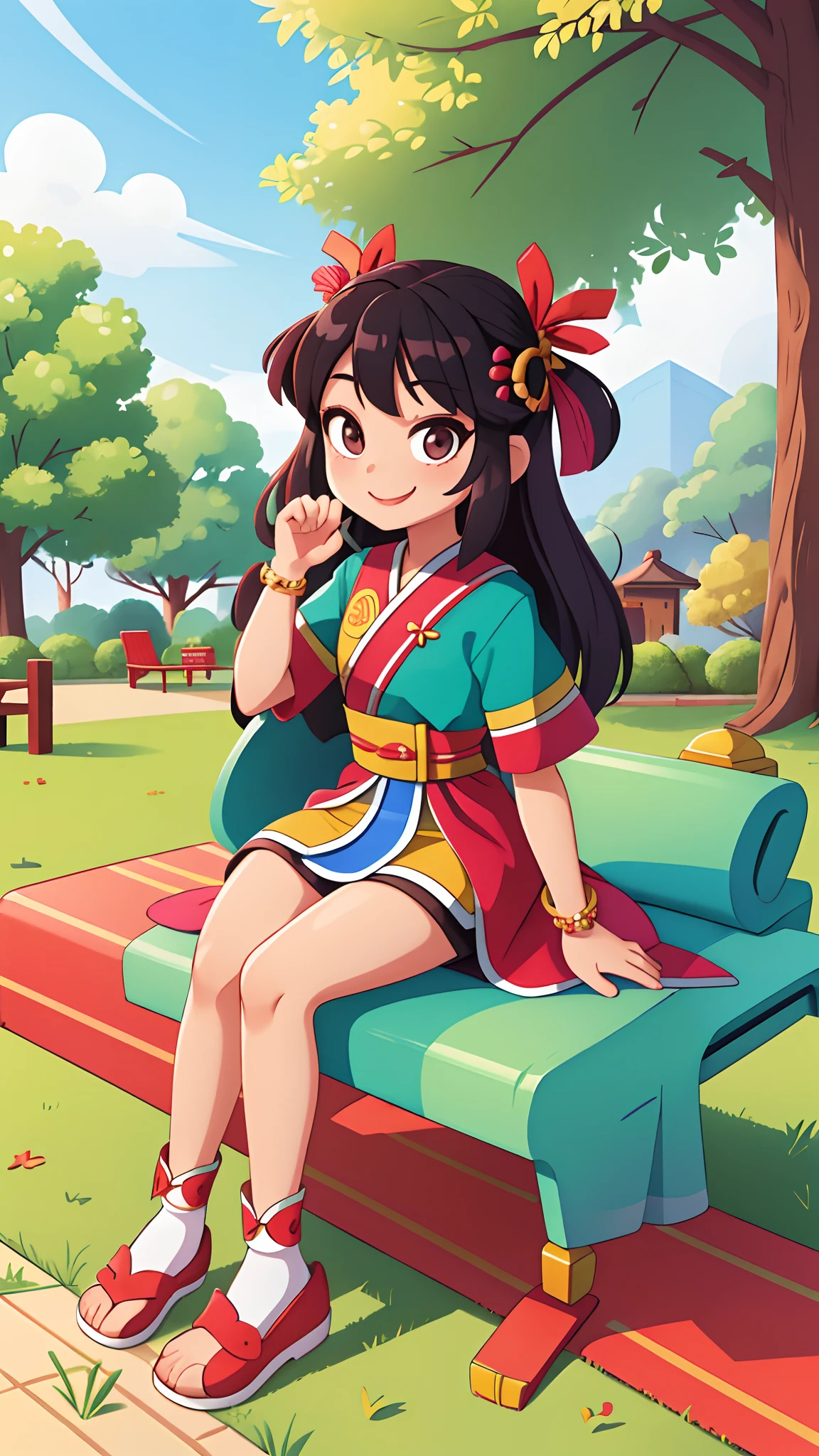 girl with、Put your hand to your mouth and smile、full body Esbian、Distinctive ethnic hair ornaments、Characteristic ethnic shoes