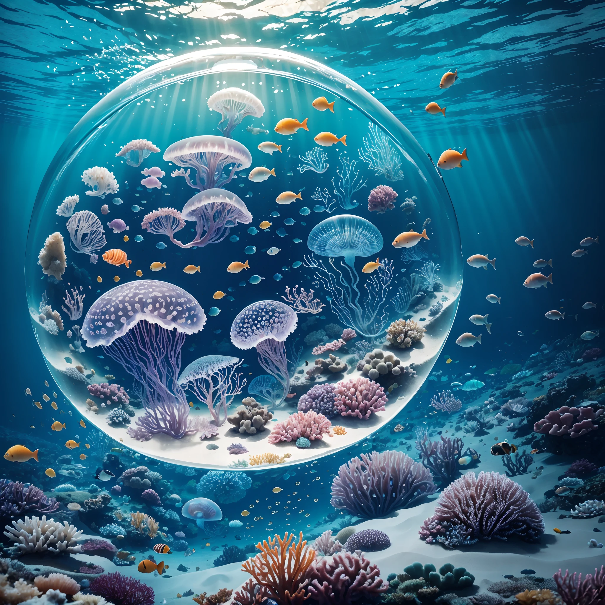 (the reef,fish flocks,jelly fish)，Transparent fog，hemispherical,Look down from the sky，fanciful，Artistically，beach sand background