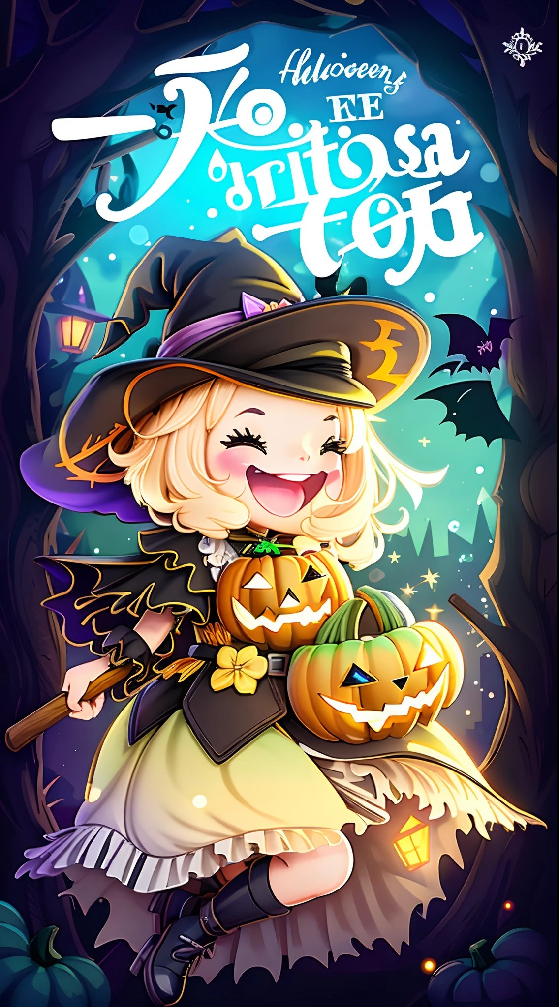 A cartoon character dressed as a witch on a broomstick, halloween art style, Trick or Treat, in a halloween style, Mobile game art, official fanart behance hd, Game illustration, official fanart, halloween theme, Game art, procreate illustration, tchibi, colorful illustrations, Official illustration, Cute detailed digital art, 2D illustration happy, cheerfulness, perfectquality, Clear focus (mess - house: 0.8), (tmasterpiece: 1.2) (realisticlying: 1.2) (Bokeh) (best qualityer) (Detailed skins: 1.3) (intricately details) (8K) (detailedeyes) (Clear focus), (cheerfulness)