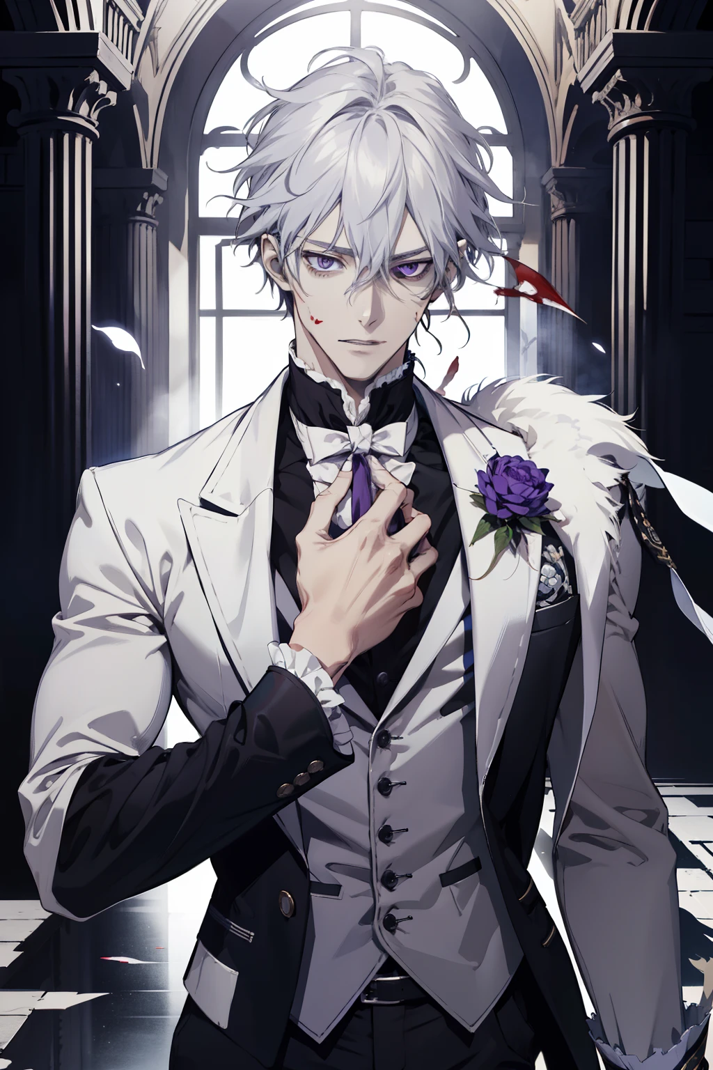 (absurdres, highres, ultra detailed), 1 male, adult, (absurdres, highres, ultra detailed), 1 male, adult, handsome, tall muscular guy, broad shoulders, finely detailed purple eyes and detailed face, long blond hair, large 18th-century baroque mansion, garden, nobleman, aristocratic, elegant, anime, Victorian er a man in a white shirt anime guy with a sword in his hand and blood on his face, gapmoe yandere, gapmoe yandere grimdark, hajime yatate, portrait gapmoe yandere grimdark, a silver haired mad, inspired by Okumura Togyu, yandere. tall, nagito komaeda, yandere, wataru kajika