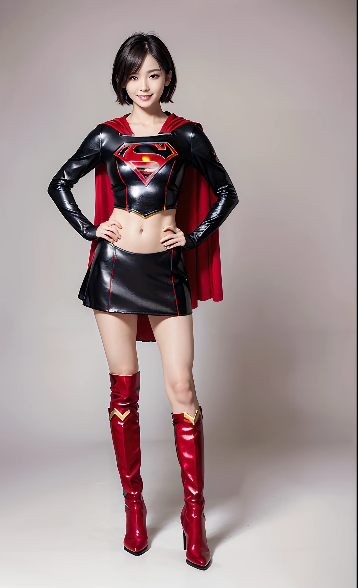 Be sure to wear a red cloak、Be sure to wear black tights、(((Make the most of the original image)))、(((Supergirl Costume)))、(((shiny short hair)))、(((Suffering)))、(((Feet must necessarily be worn with black tights)))、(((Smile)))、(((You need to wear red boots)))、((Top image quality、8K))、((top-quality、8K、masterpiece:1.3))、(((Keep your background simple)))、Crisp focus:1.2、Beautiful woman with perfect body shape:1.4、Slender Abs:1.2、a wet body:1.5、Highly detailed facial and skin texture、