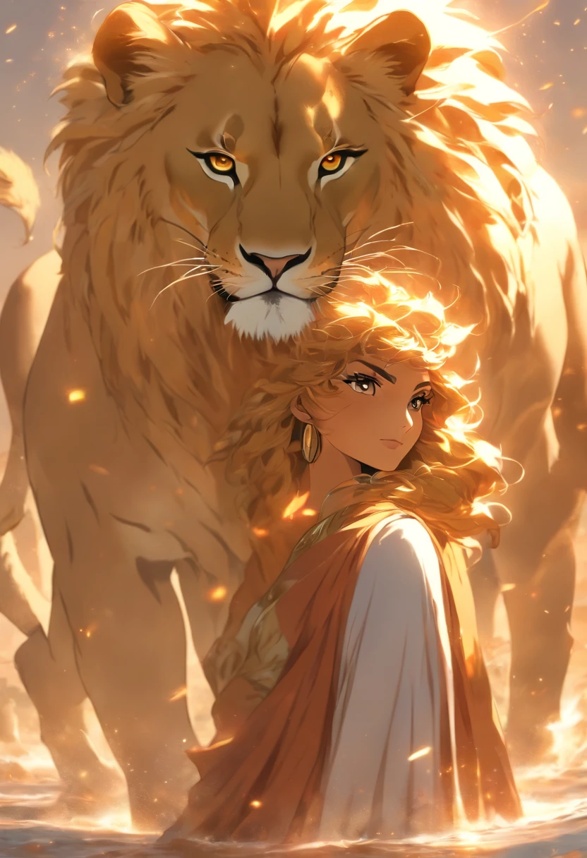 (((Woman's body and lioness helmet))) best quality, ultra-high resolution, 4K detailed CG, masterpiece, Egyptian mythology,sekhmet, sunrise, Ancient Egypt, standing pose, feline head, white clothes, Egyptian clothes, underworld, stream, River Nile, River, desert, Ancient Egypt, ((Feline helmet, woman's body)), sunrise, aesthetics, Beautiful image, centered on screen, standing pose, sun source