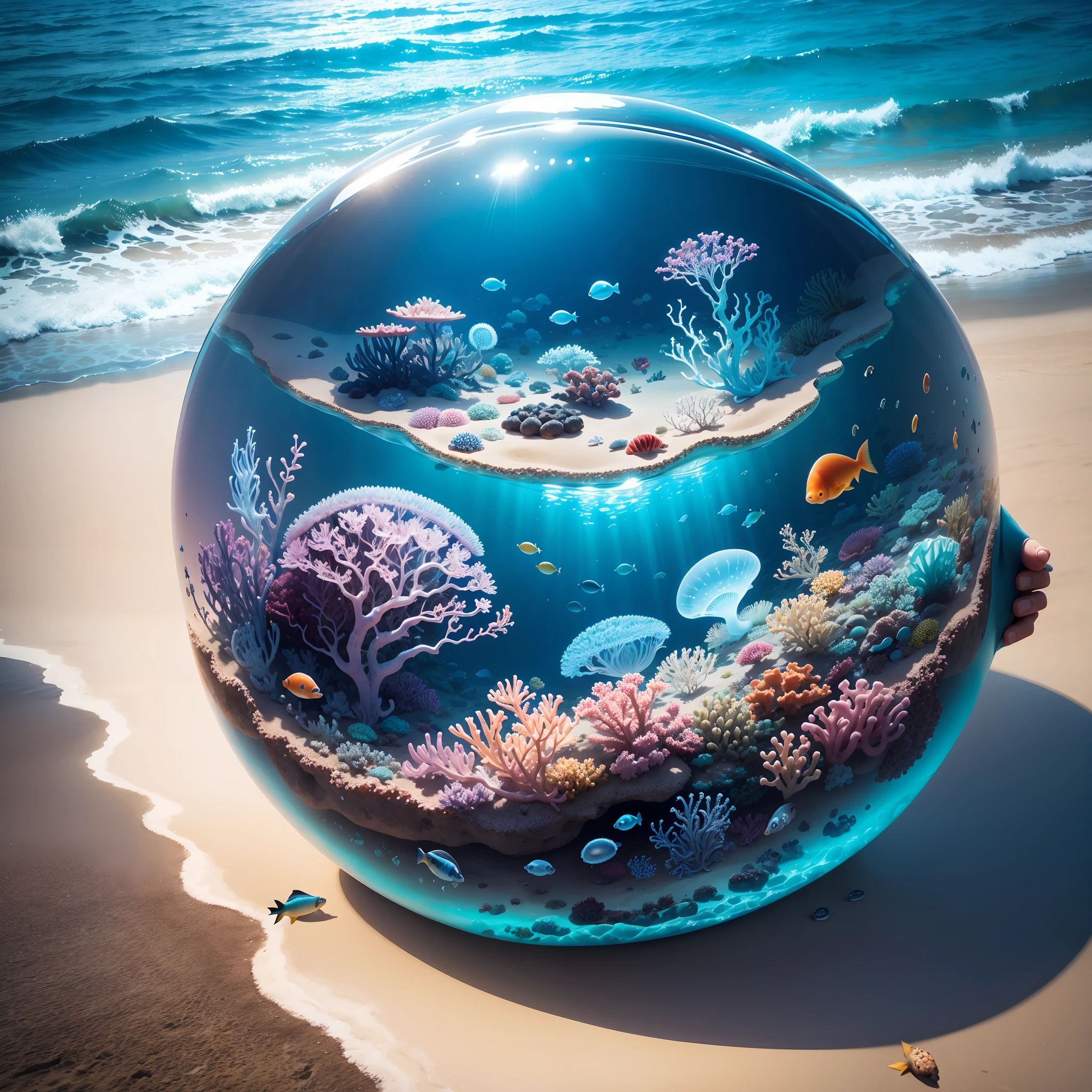 (the reef,fish flocks,jelly fish),Transparent fog,hemispherical,Look down from the sky,fanciful,Artistically,beach sand background