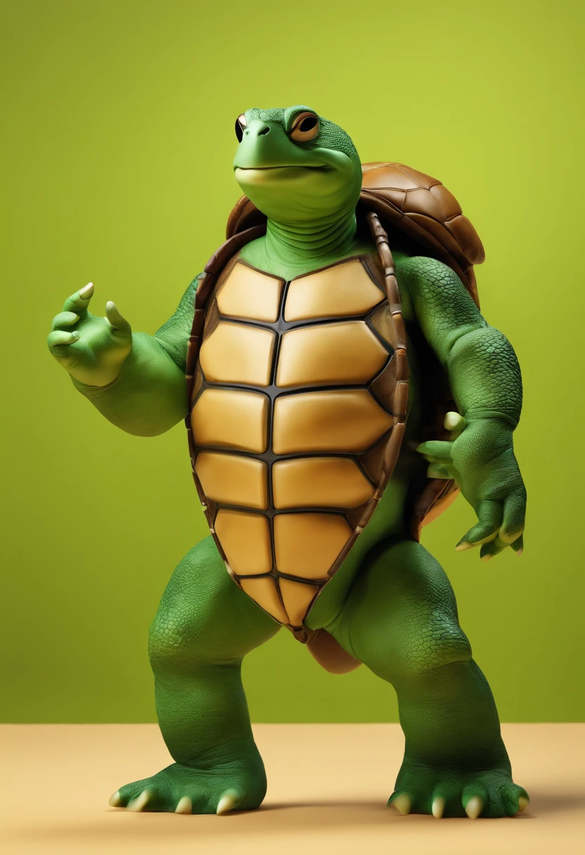anthropomorphic turtle,Green background,simplebackground,solid color backdrop,Full body frontal photo,standing on your feet,full bodyesbian, Solo,frontage,facing to audience, ssmile,Background bokeh,lightand shade contrast,tmasterpiece,flatillustration,minimal style,4K