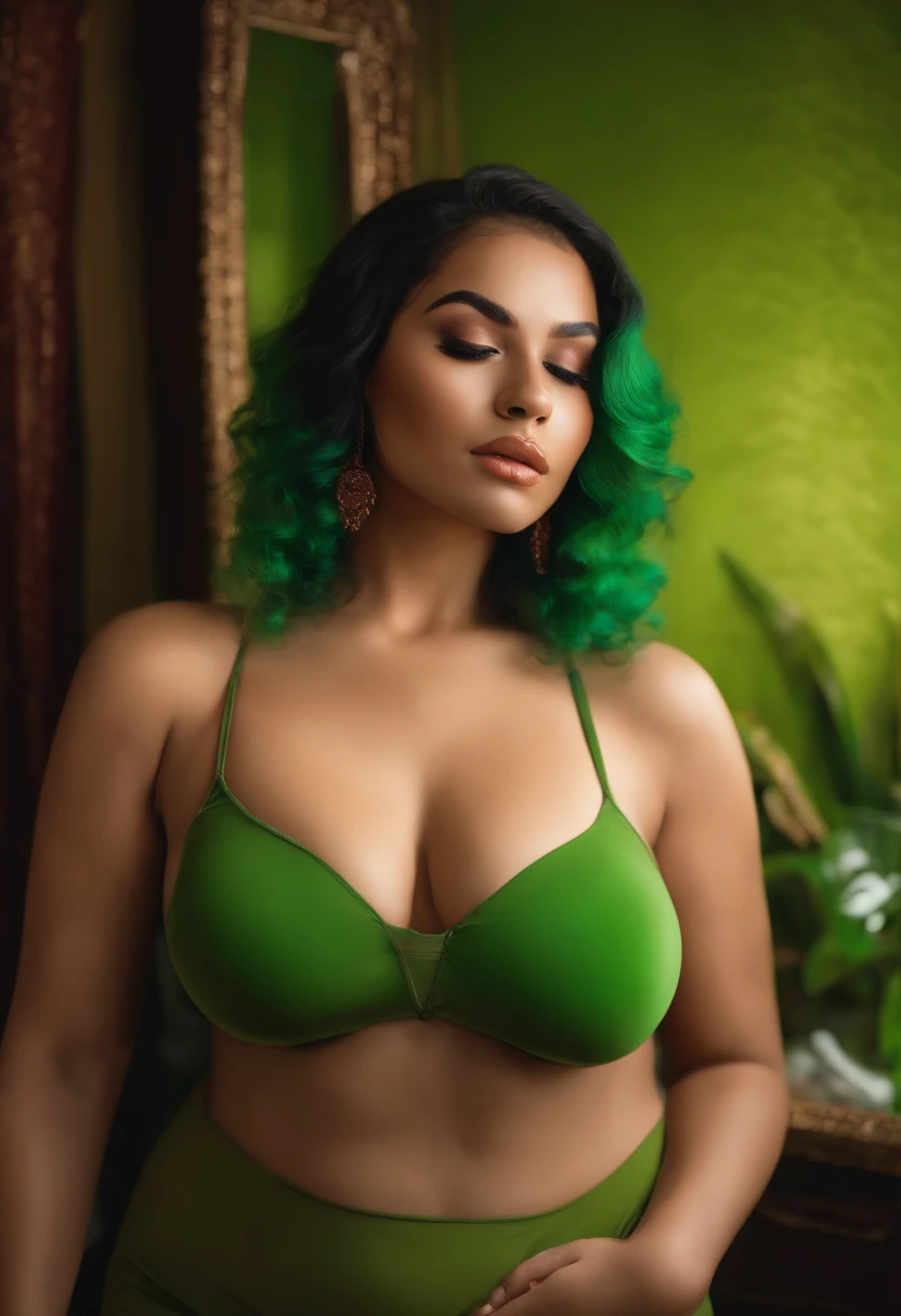 (highres,realistic,photorealistic:1.2),nude woman,curvy figure,big bust,detailed face and body,reflecting in mirror,selfie pose,vibrant colors,soft lighting,high contrast,grainy texture,lush green background