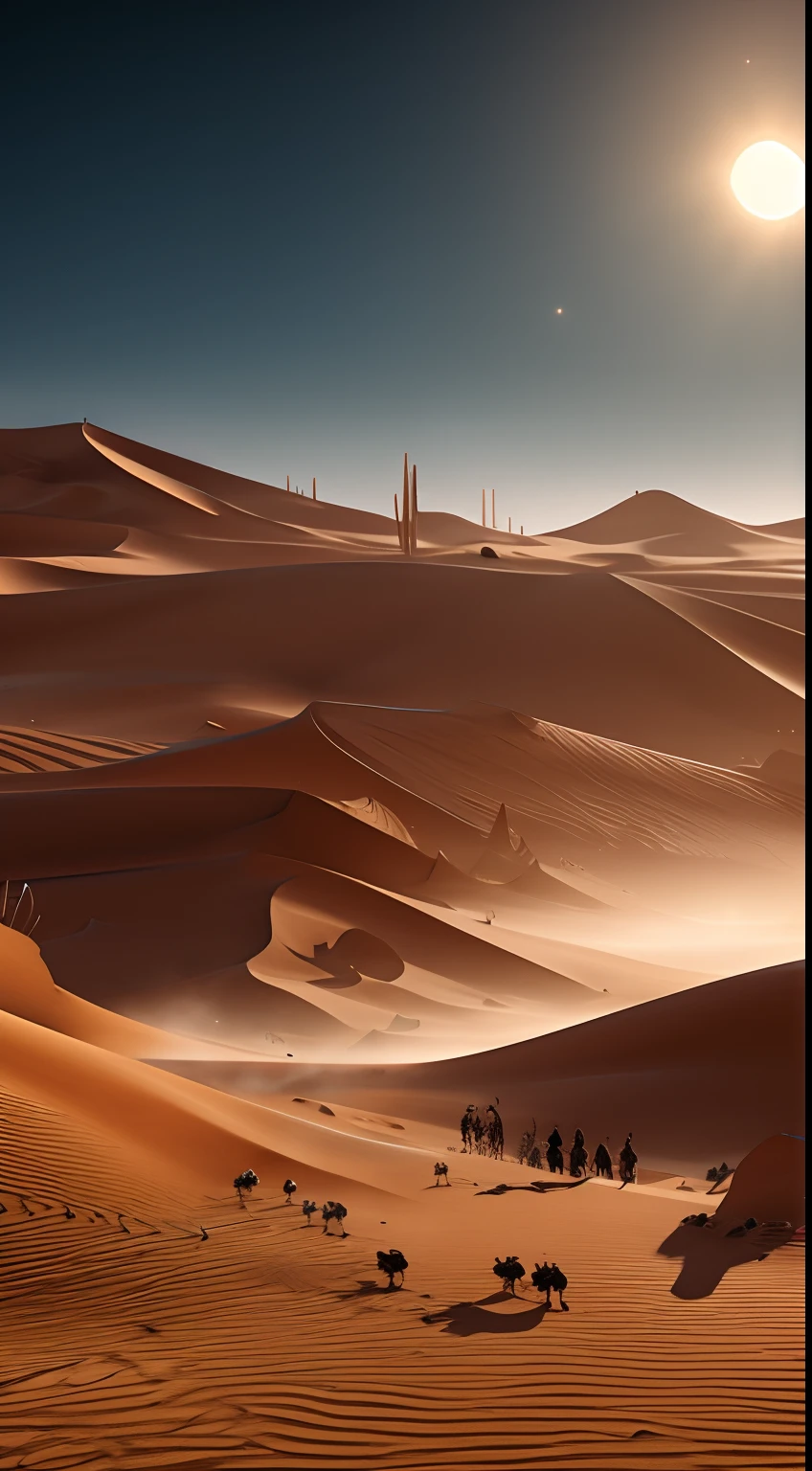 Craft a scene of a vast, alien desert with towering crystalline structures. Strange, nomadic creatures traverse the dunes, and a colossal sandstorm approaches.