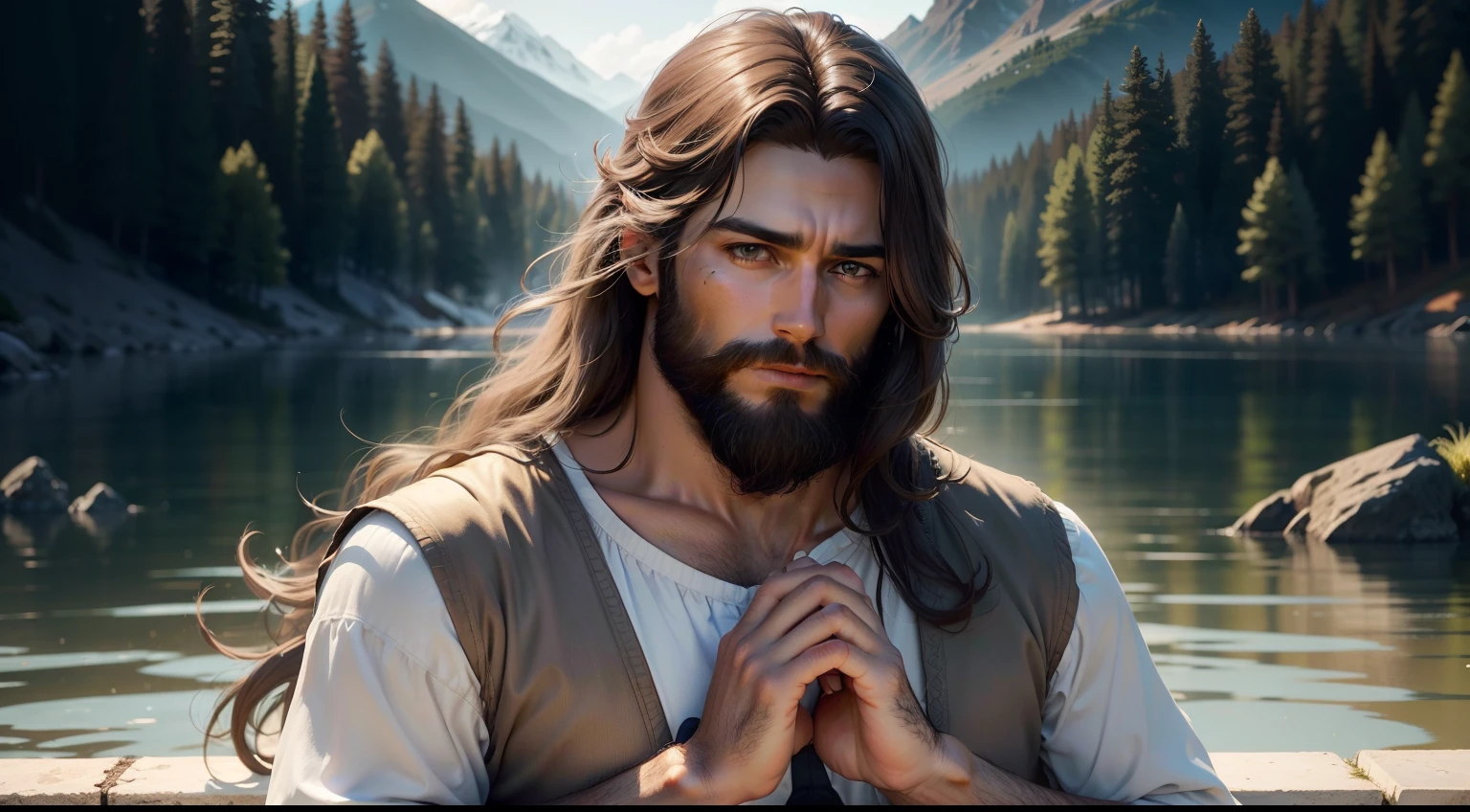 create a high-resolution representation of Jesus Christ. A imagem deve retratar Jesus em um ambiente sereno e divino. Ele deve estar cercado por uma aura suave de luz dourada irradiando de Seu corpo. Your expression should be one of compassion and love, Conveying the Message of Hope and Redemption.
Jesus deve estar vestido com um manto de tons terrosos;, com detalhes brancos simbolizando pureza. Your hands should be extended in a welcoming gesture, com raios de luz emanando de Suas palmas. He may be standing on a gentle hill or on the edge of a tranquil lake, conectando-se com a natureza ao seu redor.
The background setting should be smooth and ethereal, with soft shades of blue and pink painting the sky. As nuvens devem parecer suaves e reconfortantes. There is a sense of peace and serenity in the whole picture.
Certifique-se de que os detalhes faciais, como os olhos gentis e compassivos, cabelos castanhos longos, and well-trimmed beard are represented with great attention to detail. A luz que emana Dele deve realisticamente iluminar os arredores, highlighting contours and creating a sacred environment.
The image must be in portrait format and have a minimum resolution of 3000x4000 pixels to ensure sharpness and quality at larger sizes. A paleta de cores deve ser harmoniosa e suave, Creating a sense of transcendence and divinity.
Por favor, make sure that the final image conveys the message of Jesus Christ as a symbol of love, compassion, and hope, and that can inspire a sense of peace and spiritual connection."
Remember that creating art is a highly subjective process and can vary depending on the style of the artist and the tools used. Be sure to communicate clearly with the artist or image editing program you choose to create the image.