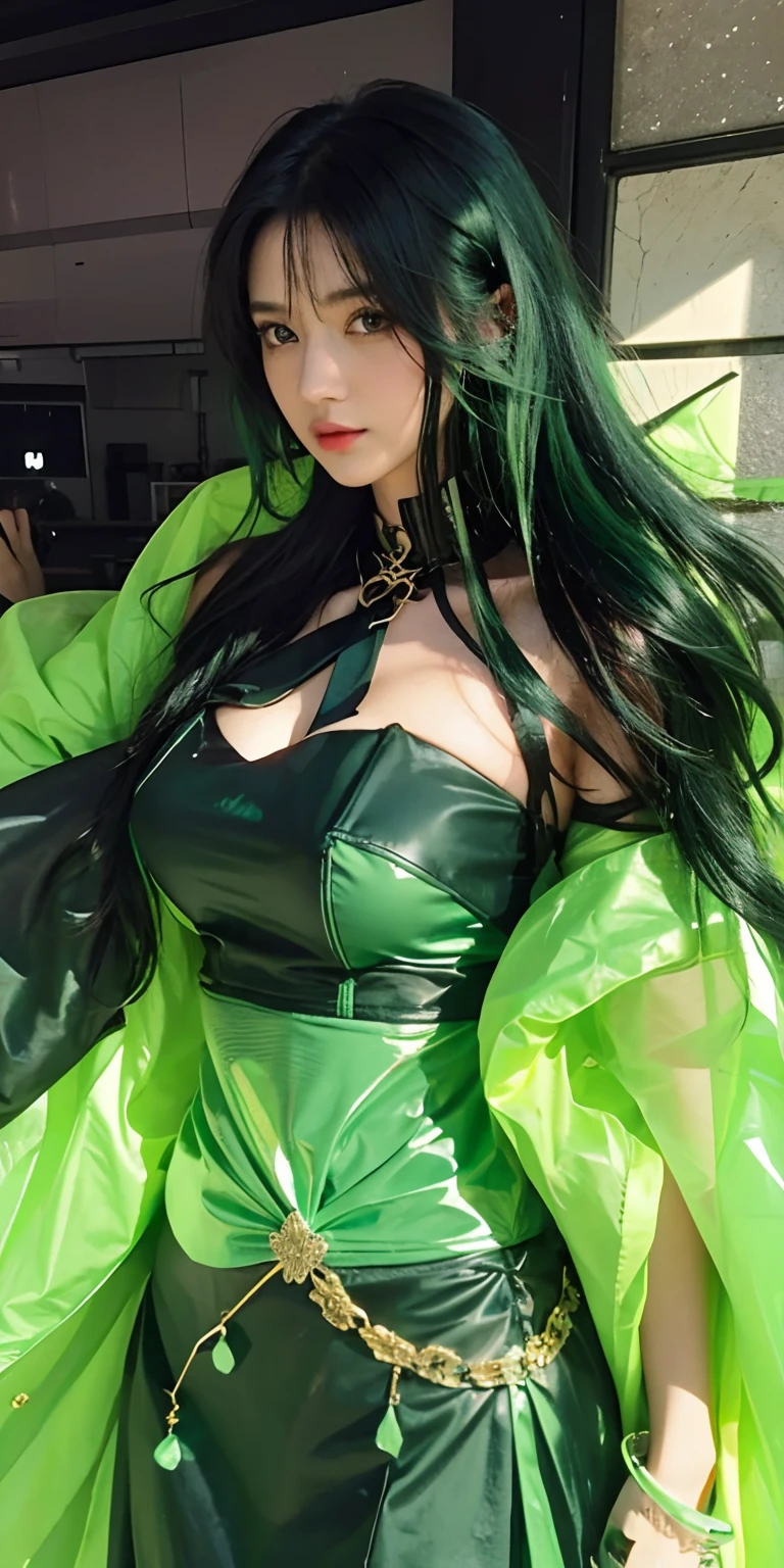 The character is a Japanese beauty, depicted in a hyper-realistic photorealistic style.、She sits against a dark and mysterious backdrop,。she has glowing green hair,、and she wears a black corset-like dress.。and large, black, devilish horns sprout from her head.、with large black wings spread behind her.。Her eyes are a vibrant green,、Her expression conveys a strong will,。The lighting is soft、The focus is adjusted to highlight her face and chest,、highlighting her beautiful features in contrast to the dark background.。Consists of a vertical screen、The character's details are meticulously rendered,、enhancing the overall realism.。