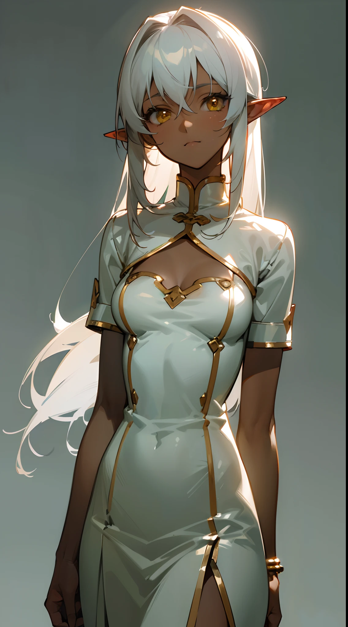 (masterpiece, best quality:1.3),beautiful detailed glow,best illuminate,(((best quality,textile shading,ultra detailed))),extremely detailed CG unity 8k wallpaper,Highly Detailed beautiful and aesthetic,best light,high resolution,detailed,dynamic lighting , 1Character , pastel washed out colors , cell shade , soft, muted shades ,gentle colors ,sword art online art style, Beautiful woman, ((dark skin )) , white hair , elf ears , yellow eyes , large chest .