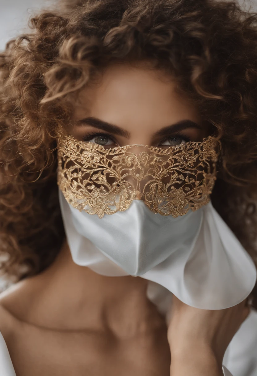 Supermodel with long curly curly fluid hair, vestindo dourado (translucent and intricately embroidered) (metallic surgical mask) cobrindo o rosto, ((boca obscurecida)), vestindo moda estranha do futuro, detalhes dourados luxuosos e intrincados, Cinematography, intrinsecamente detalhado, Crafted, meticuloso, Magnificent, maximum details, extremely hyper aesthetic, Bokeh, photoshoot profissional