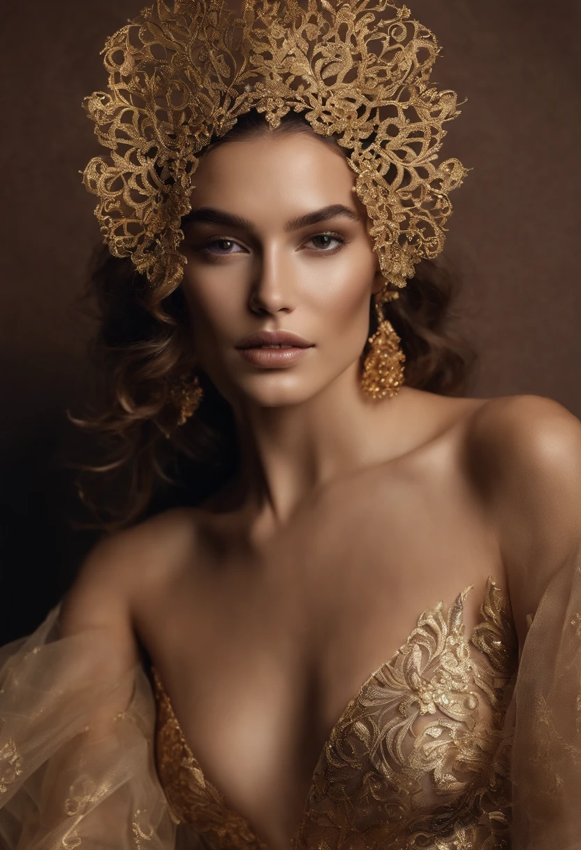 Supermodel with long curly curly fluid hair, vestindo dourado (translucent and intricately embroidered) (metallic surgical mask) cobrindo o rosto, ((boca obscurecida)), vestindo moda estranha do futuro, detalhes dourados luxuosos e intrincados, Cinematography, intrinsecamente detalhado, Crafted, meticuloso, Magnificent, maximum details, extremely hyper aesthetic, Bokeh, photoshoot profissional