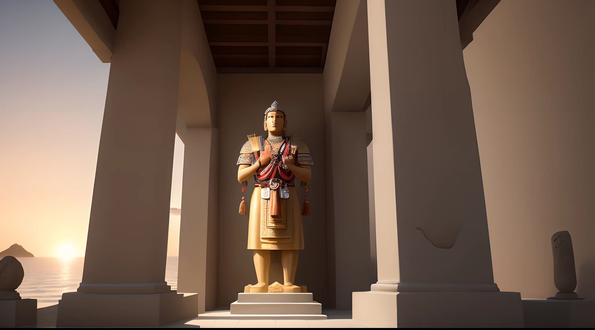 Characters: Pachacamac, Ancient Peruvian worshippers Description: Pachacamac, a powerful male deity, stands in all his glory. Era: Ancient Peruvian civilization Attire: Pachacamac adorned with intricate ceremonial attire. Location: A sacred temple by the coast of Peru Background: The temple bathed in the warm glow of the setting sun. Shot Type: Close-up, hyper-realistic Style: Cinematic photo