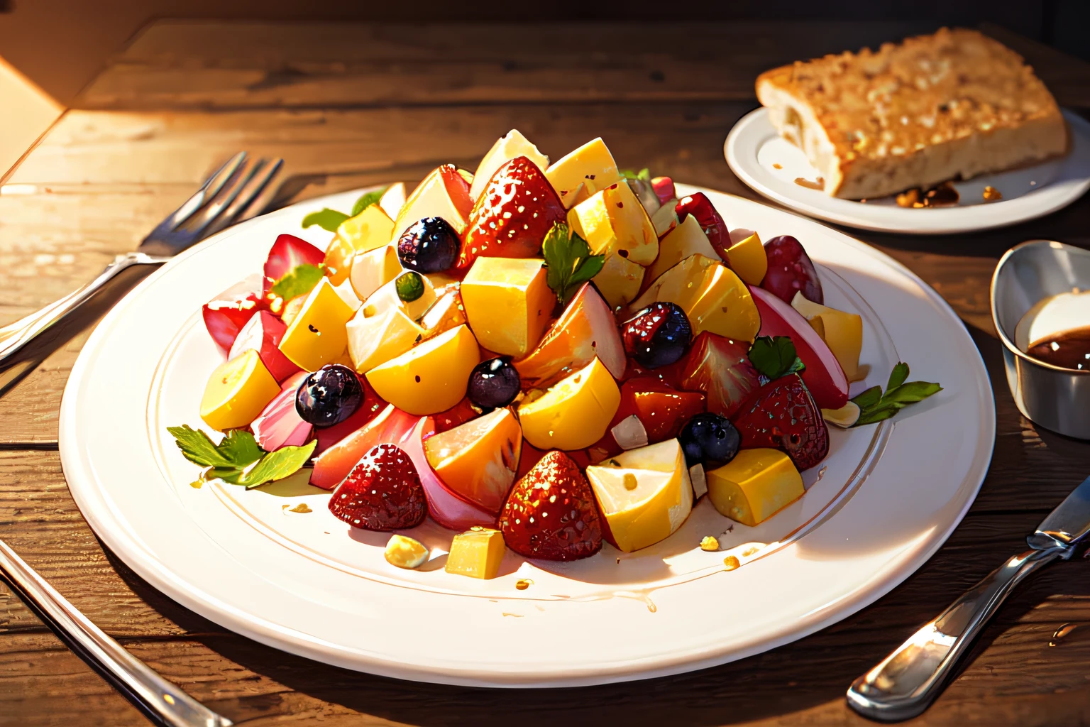 ((Masterpiece)), ((Best quality)), A sumptuous gourmet fruit salad, served on a rustic wooden table.