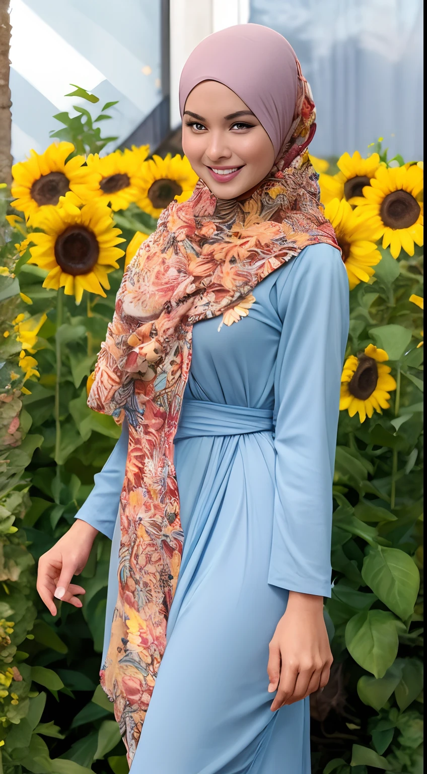 Malay girl in long hijab wear baju kurung, pastel color, walking in sunflower field, windy, blown her hijab, front view, detail skin, detail skin texture, mole below eyes, small breast, wide hips, small waist, thick thigh, slim abs, beautiful body, sunrise, laughing, happy, bright lighting, blur background, bokeh, 4k, ultra detail, high quality photo,