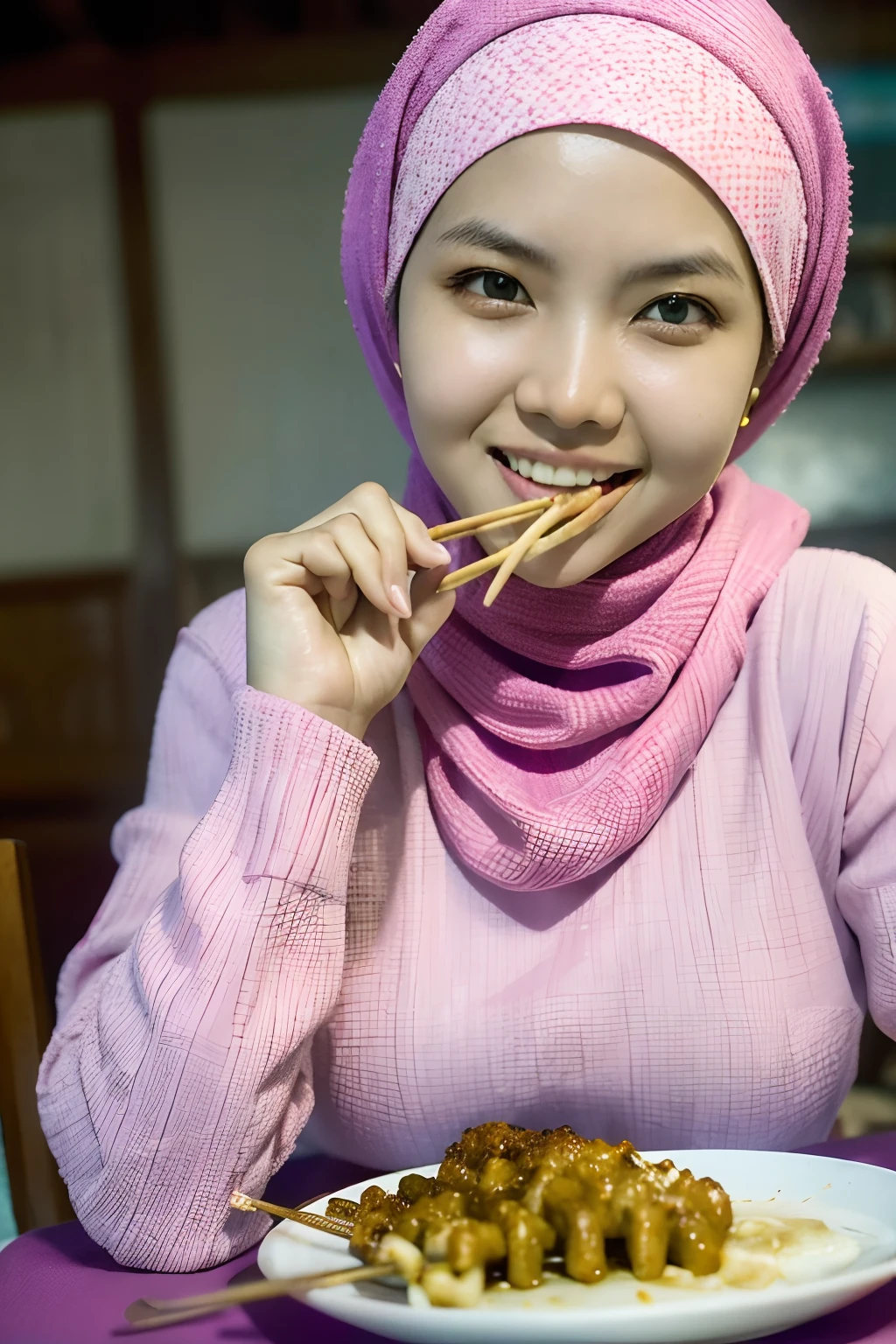 A girl from Indonesia, wearing a pink purple hijab, eating satay (best quality, high-res, realistic:1.37), wearing long pink sleeves, vibrant colors, detailed textures, traditional Indonesian setting, mouthwatering food, joyful expression, intricate patterns on the hijab, lively atmosphere, warm lighting, cultural diversity, local street scene, aromatic spices, savory aroma, friendly locals