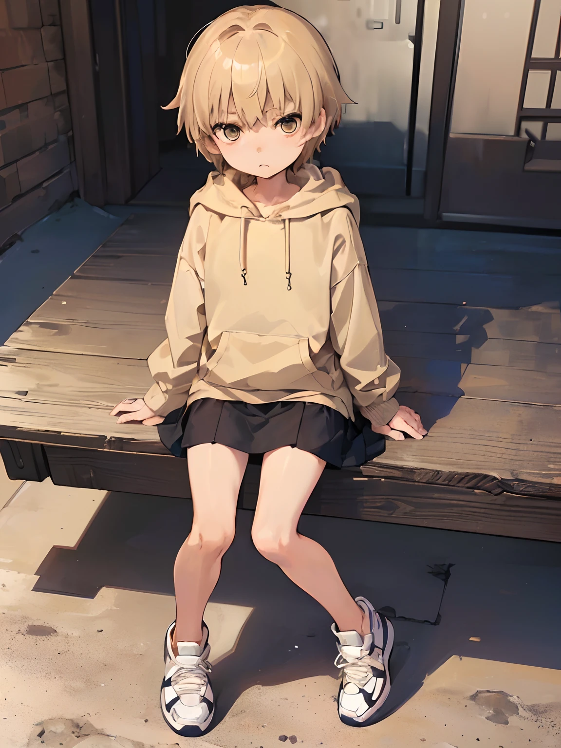 (((7-year-old boy))), ((child)), (((shota))),  very short hair, (Oversized beige hoodie), ((beige big hoodie), ((mini-skirt)), ((bare thigh)), ((thigh focus)), sneakers, A small cute boy,  ((Skinny)),  sitting, crossed legs, full body,  (best Quality), (Amazing Details:1.2), 8k, official art, extremely detailed CG,erection