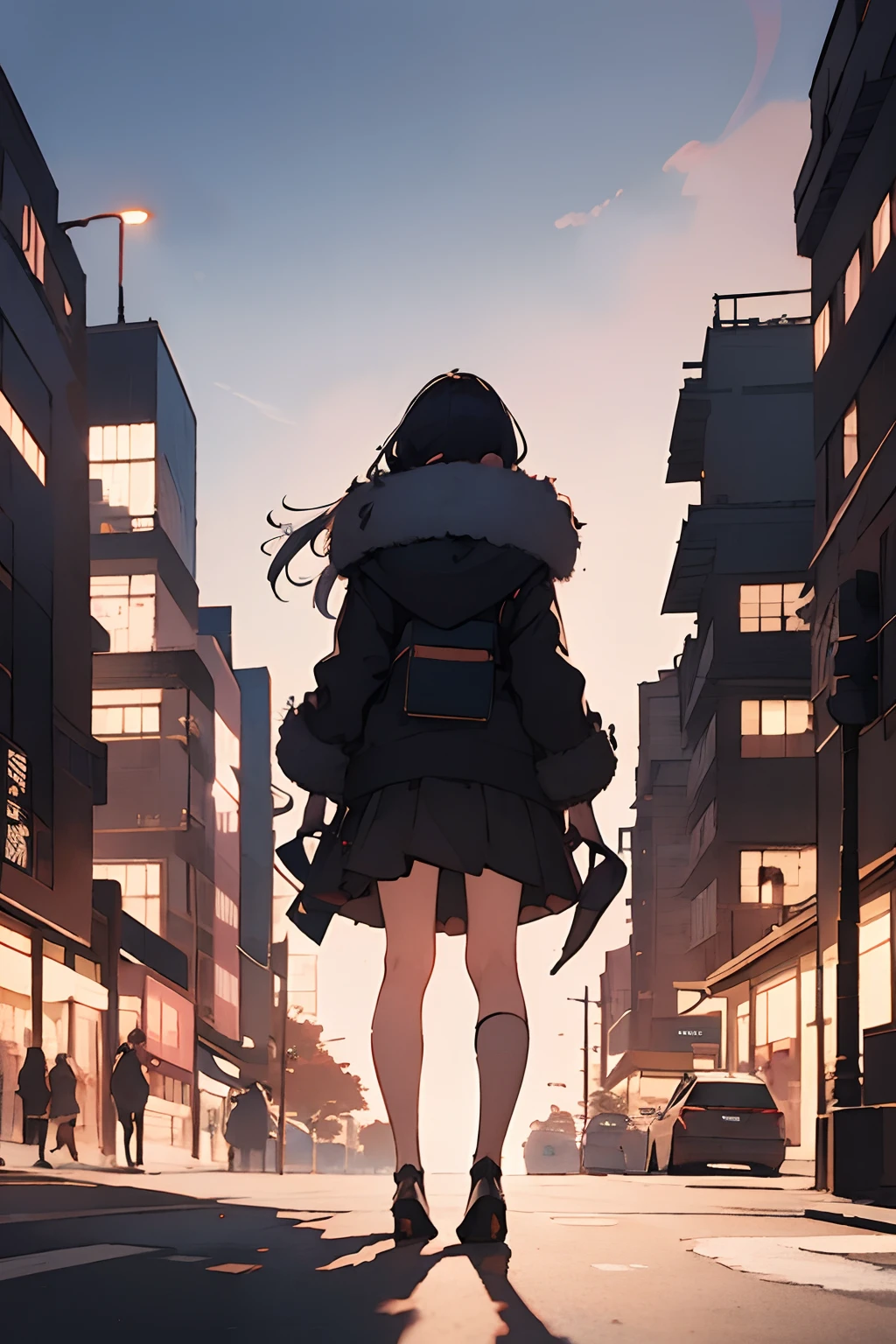 Best Quality,masutepiece,8K Wallpaper,absurderes, hight resolution, ultra-detailliert, (1 young Beautiful girl, Rear view, Solo:1.1)Fur coat,micro skirt,Shadow Puppet,Cityscape, Skyscraper,east_Asian_architecture, street
break