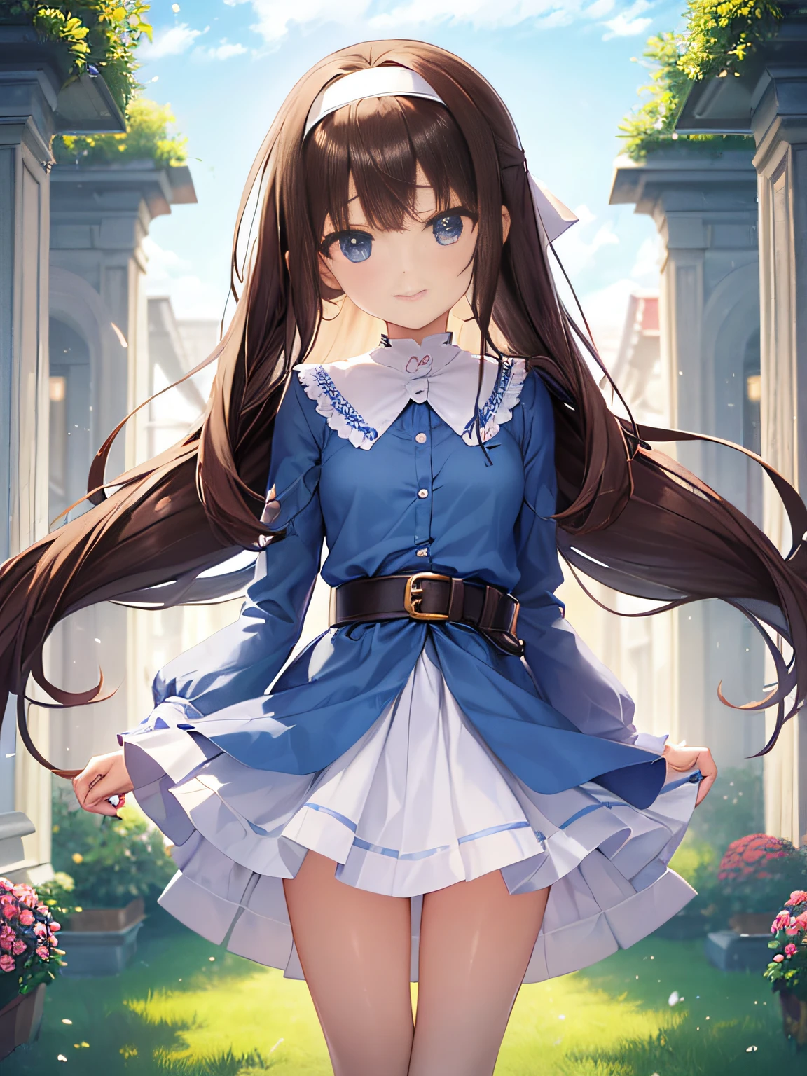 top-quality、extremely delicate and beautiful、、small tits、((((Solo Girl))))、11years olrk brown hair)、(Blue clothes with vertical buttons)、Belt at waist、White skirt、(((poneyTail)))、(white hairband)、(Brown boots)、blue eyess、Facing the front、is standing、A smile、