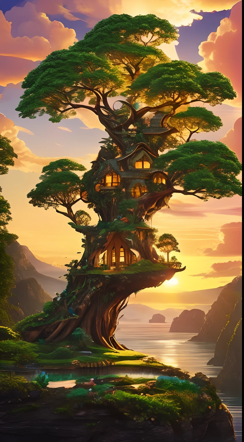 Picture a lush, floating island paradise suspended in a perpetual sunset. Mythical creatures frolic in the golden glow, and ancient trees grow upside-down.