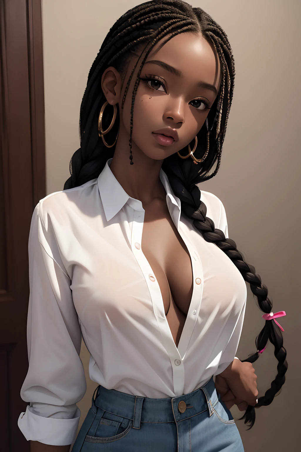 (masterpiece, best quality), deep ebony 1girl, beautiful face, freely hanging braids, white unbuttoned shirt